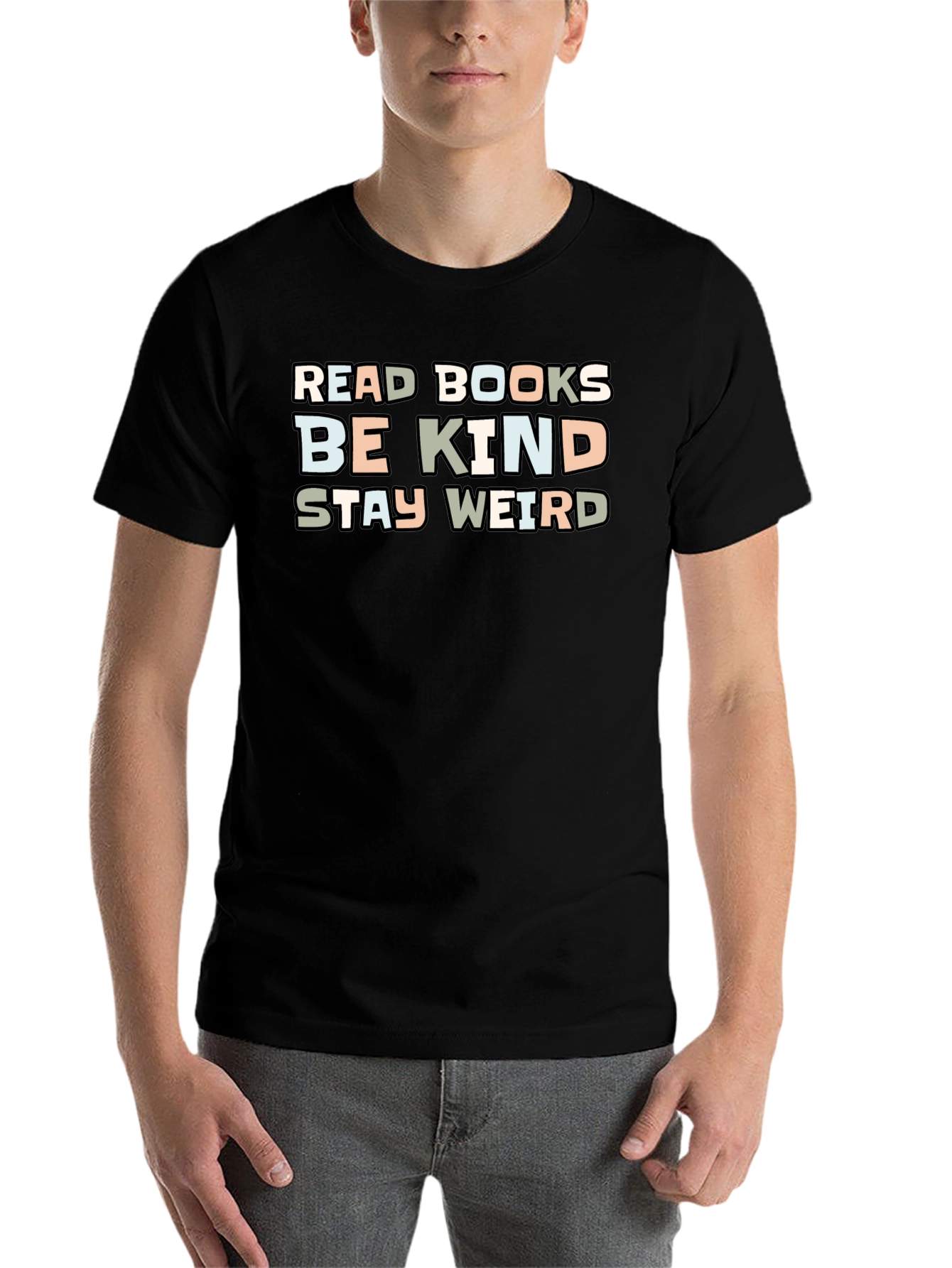Black Read Books Be Kind Stay Weird Graphic T-Shirt view 7