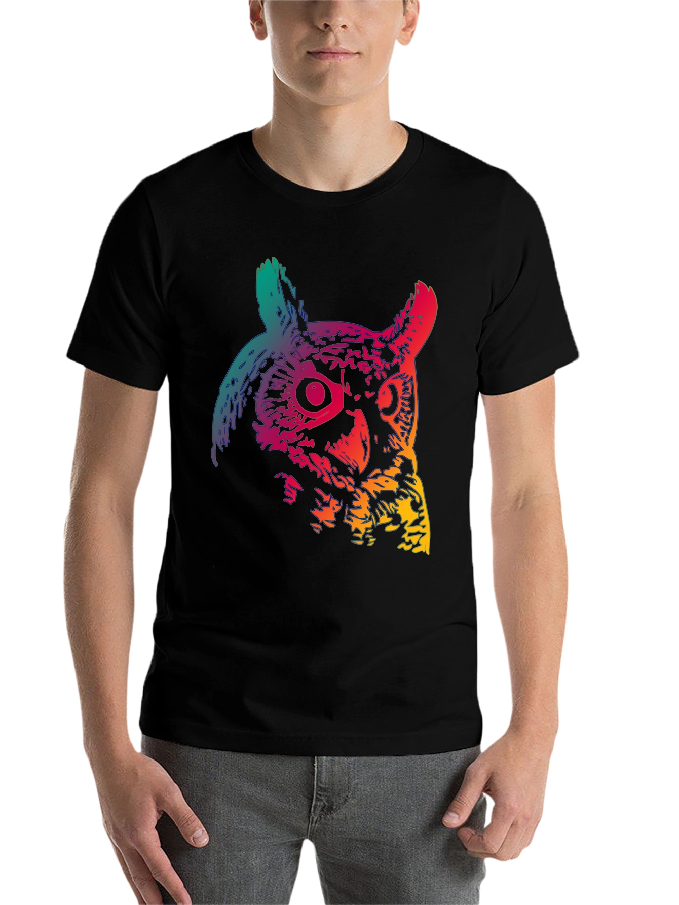 Black Rainbow Owl Graphic Print Black T-Shirt view 7