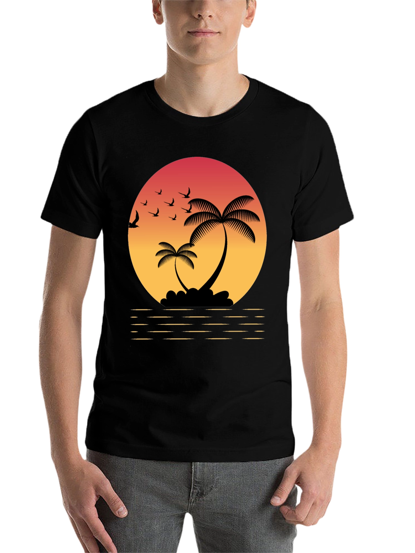 Black Tropical Sunset T-Shirt: Palm Trees & Birds view 7