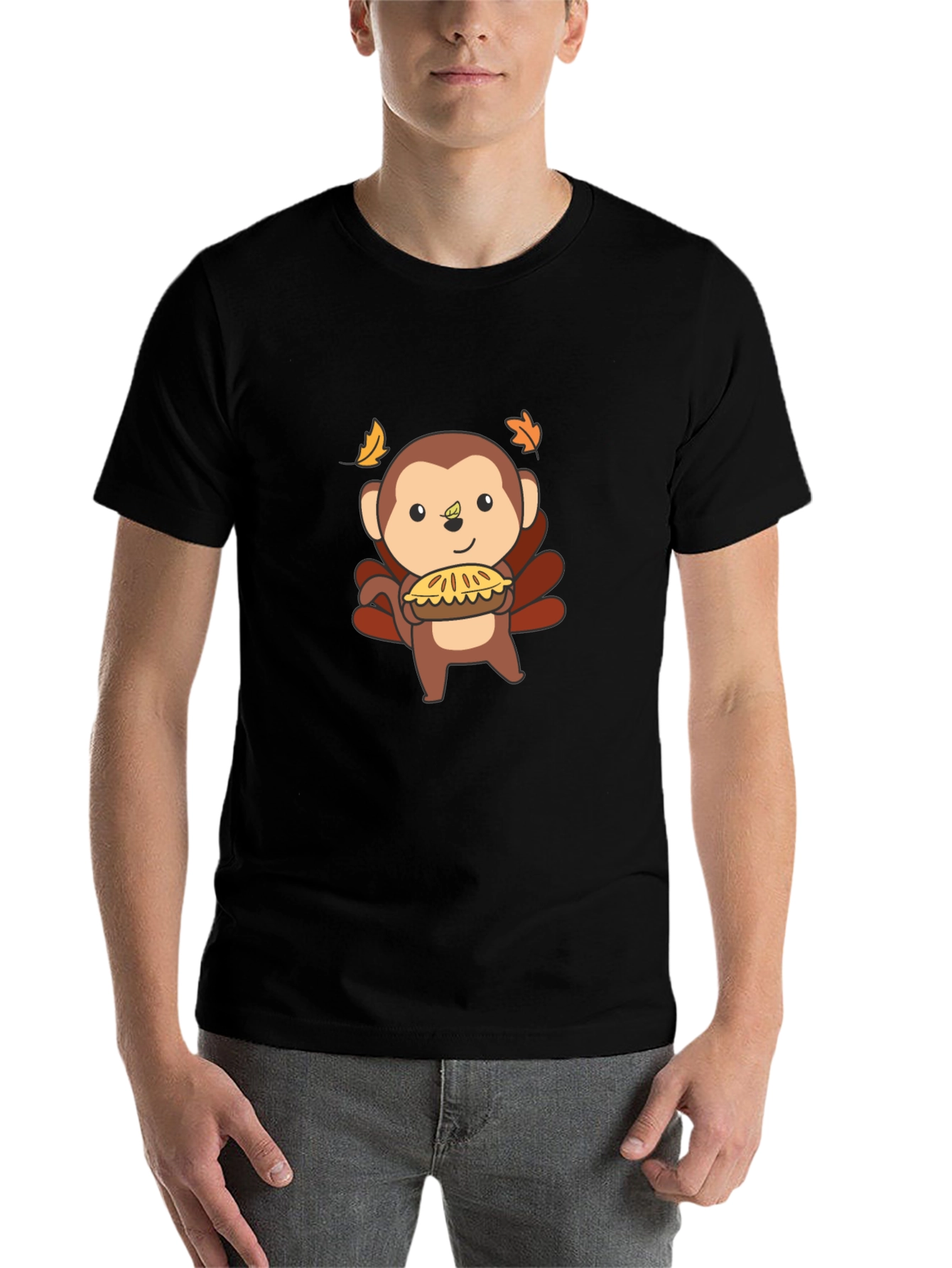 Black Thanksgiving Monkey Holding Pie Black T-Shirt view 7