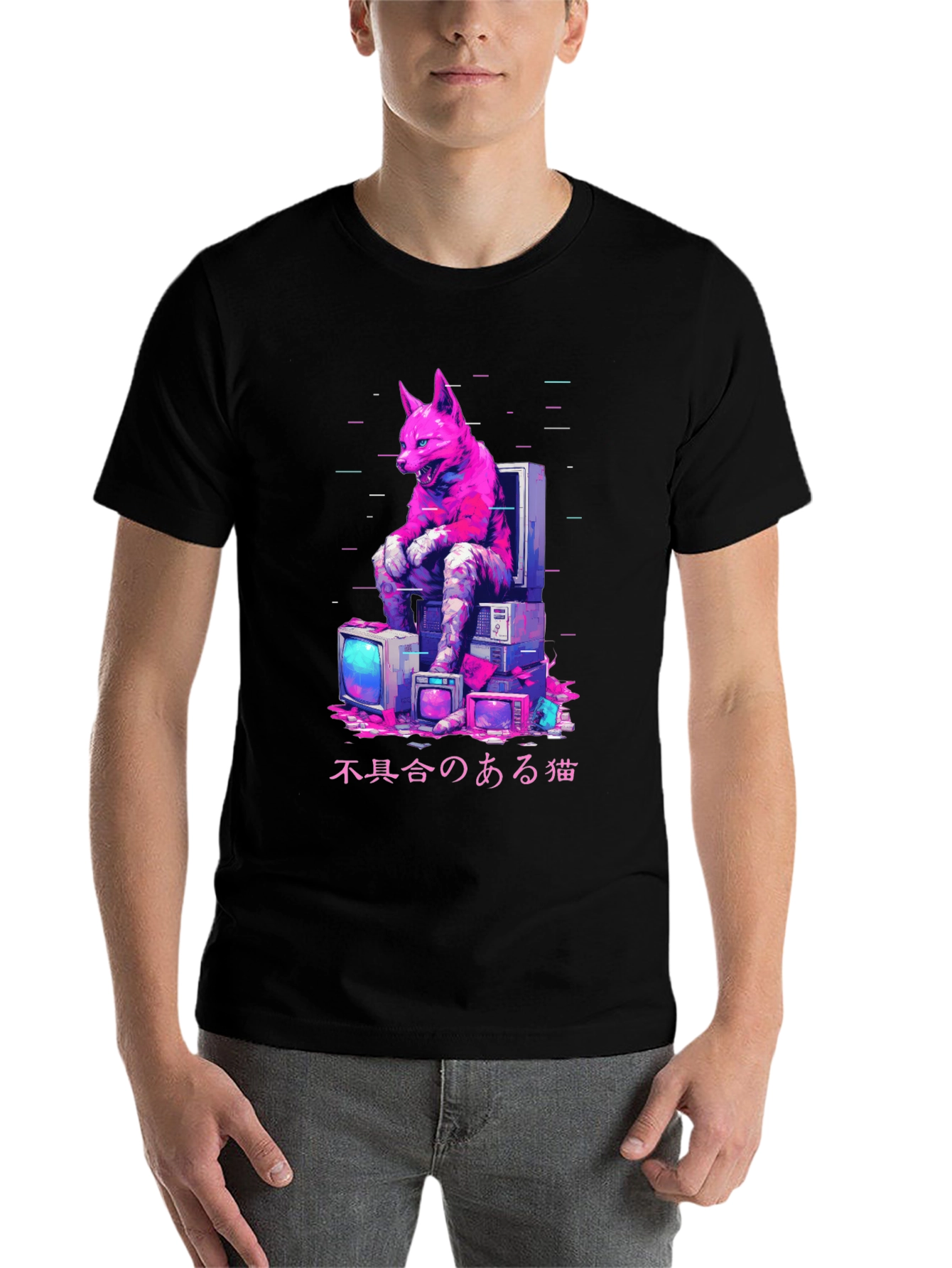 Black Cyberpunk Cat Glitch T-Shirt view 7
