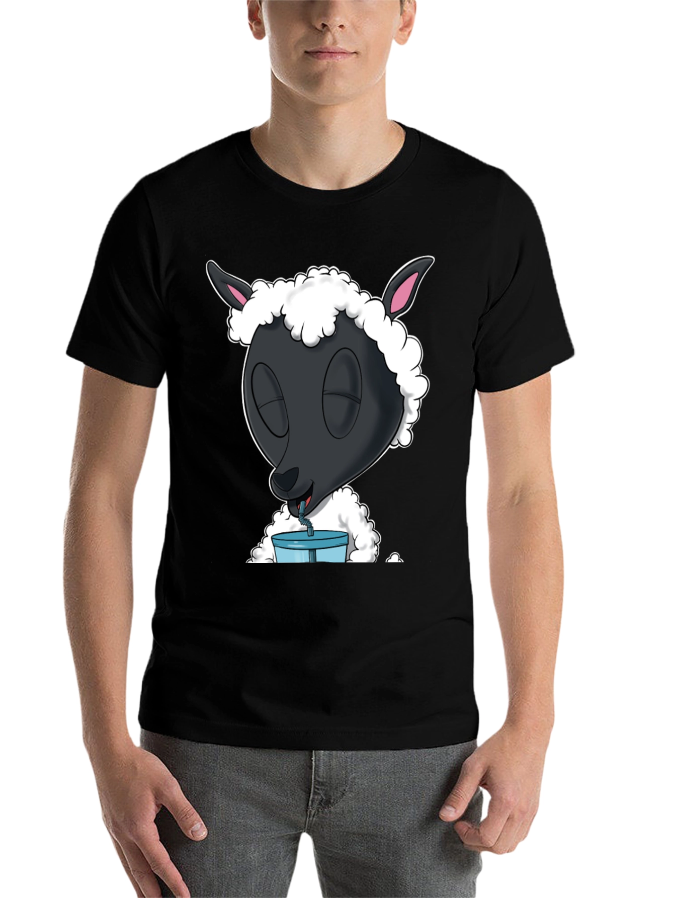 Black Black Sheep Drinking T-Shirt - Cartoon Style view 7