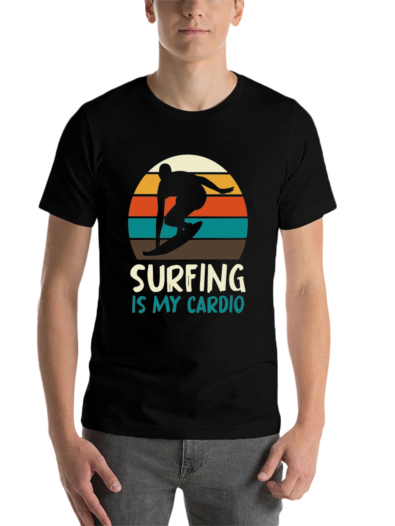 Black Surfing is My Cardio T-Shirt - Retro Sunset Design view 7