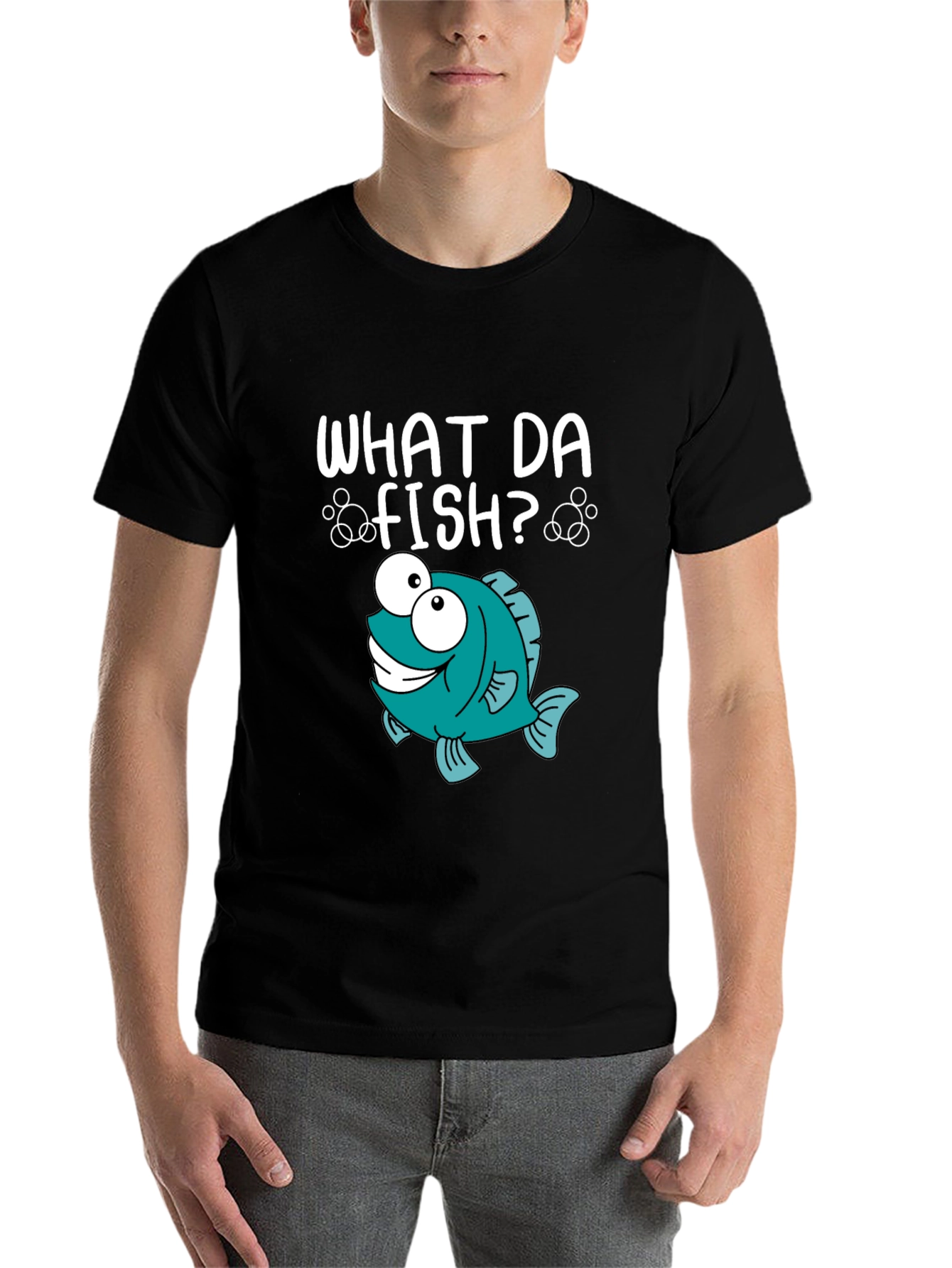 Black What Da Fish? Graphic T-Shirt - Funny Cartoon Fish Tee view 7
