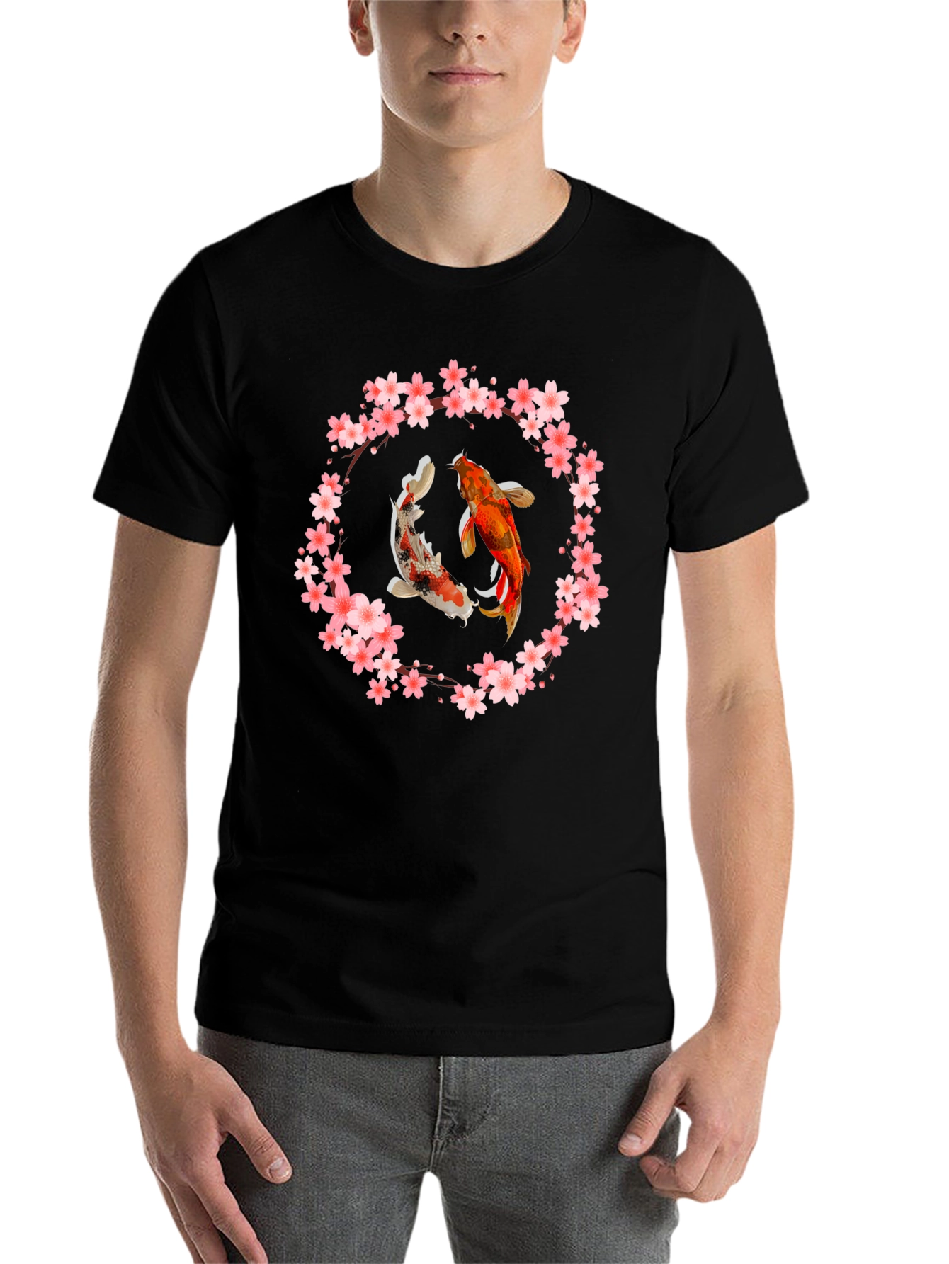 Black Koi Fish Cherry Blossom Graphic T-Shirt view 7