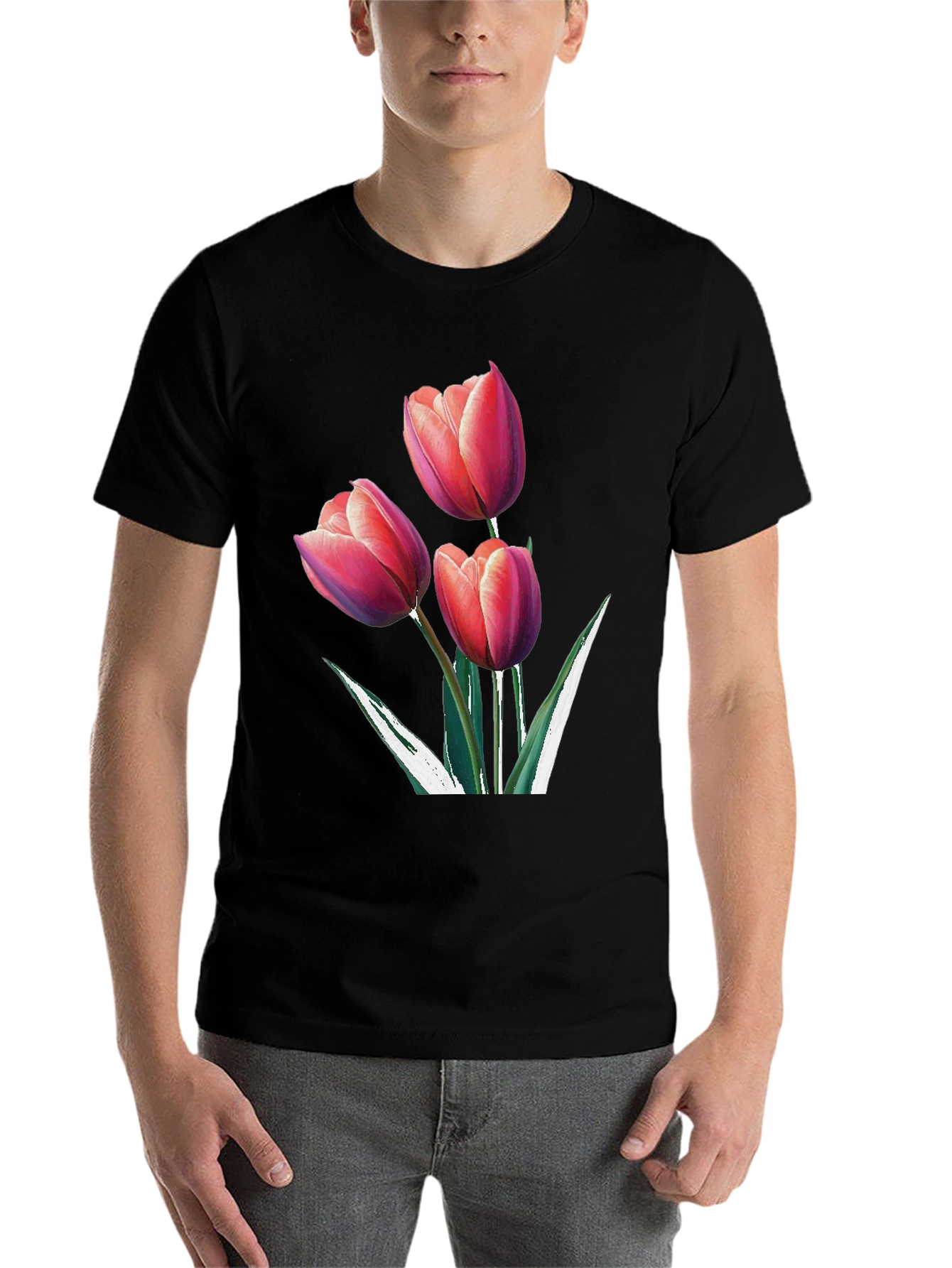 Black Floral Tulip Graphic Black Tee view 7