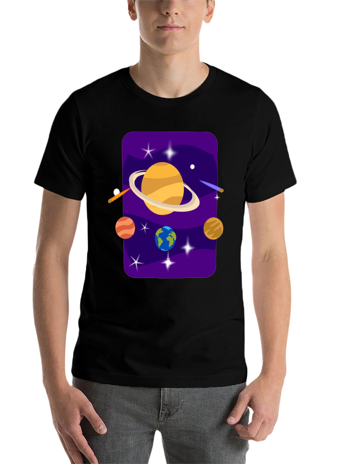 Black Space Galaxy T-Shirt - Planets and Stars Design view 7