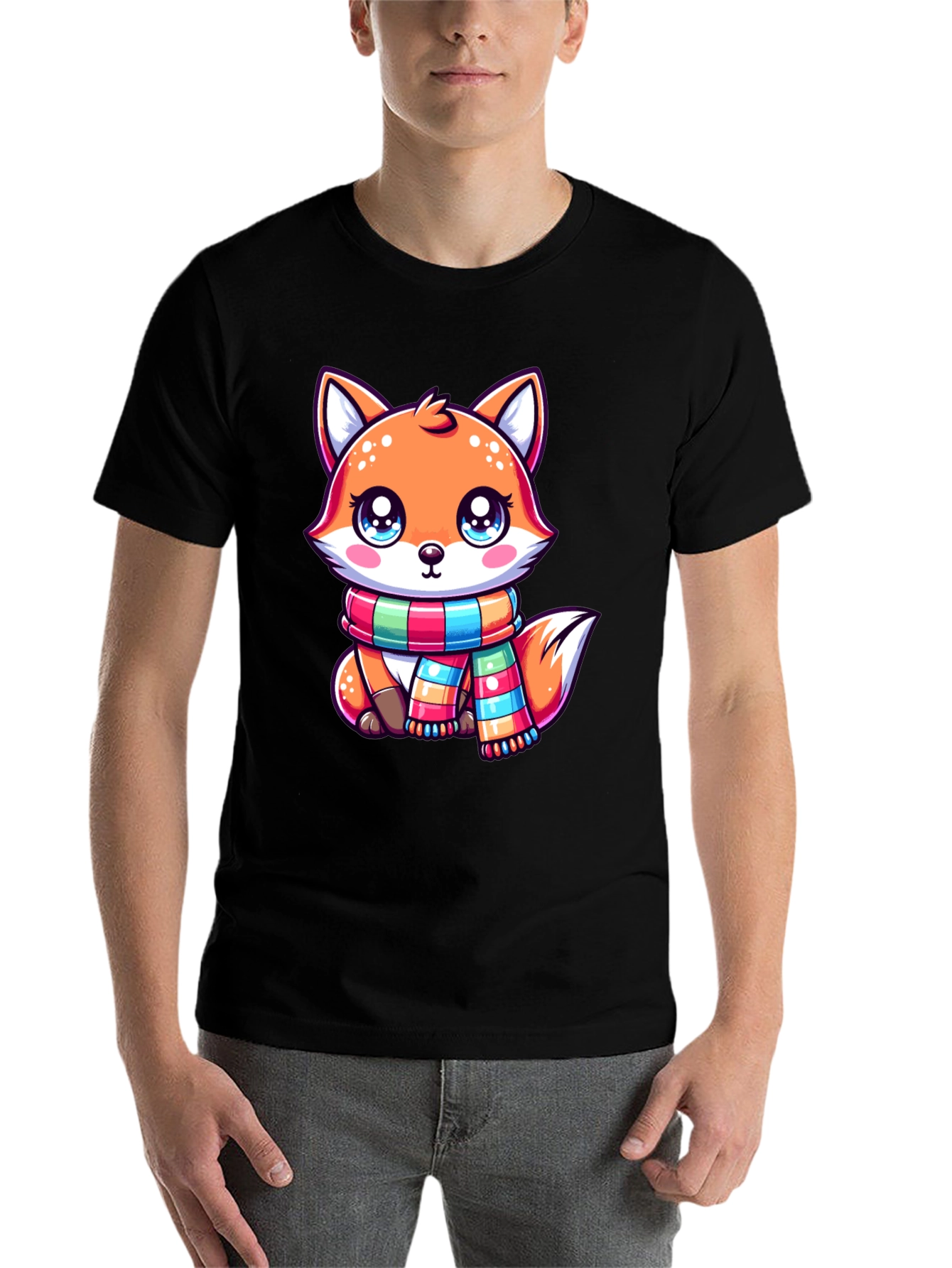 Black Cute Fox Scarf Graphic Tee view 7