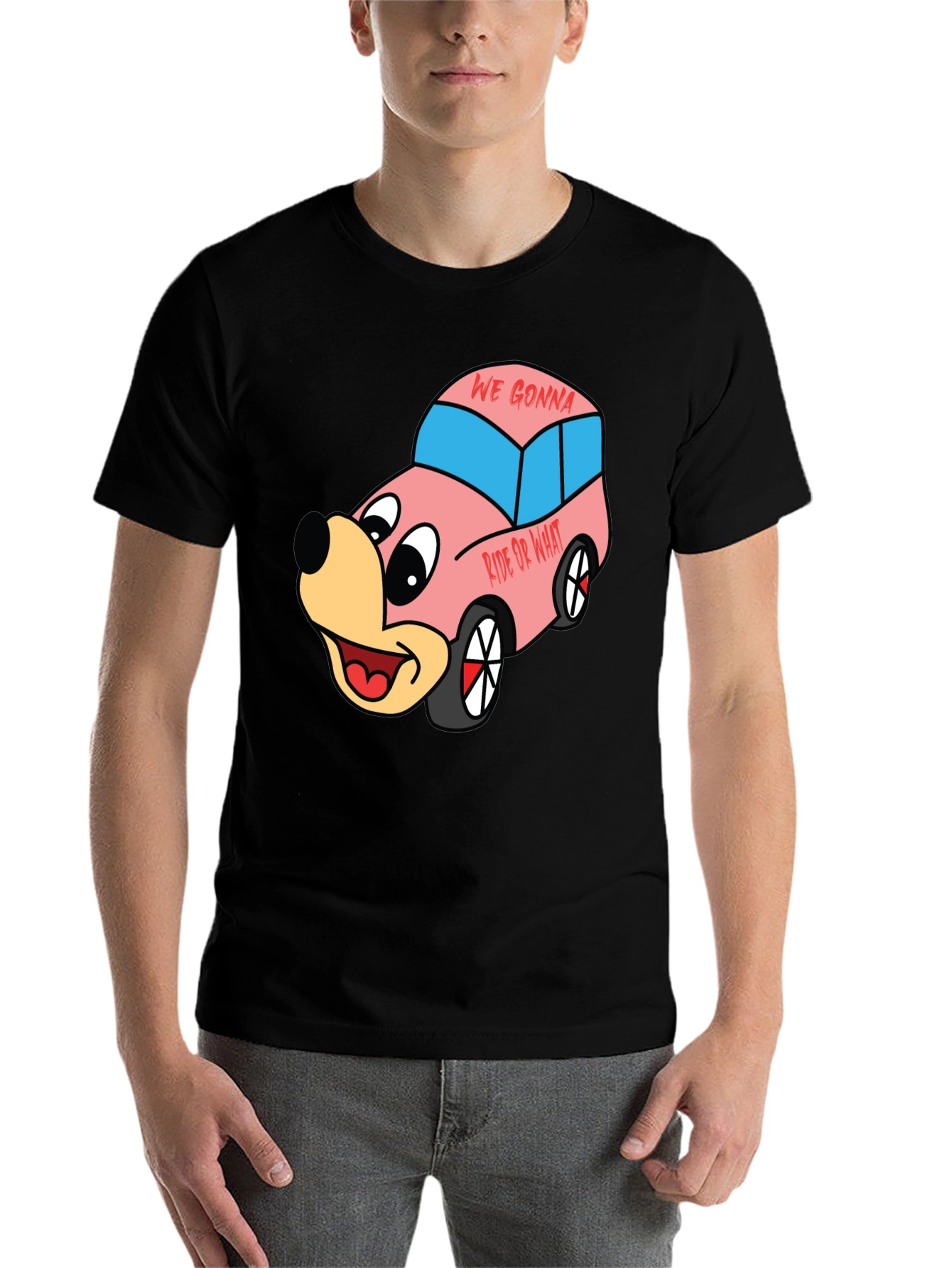Black Cartoon Character Car Graphic T-Shirt view 7