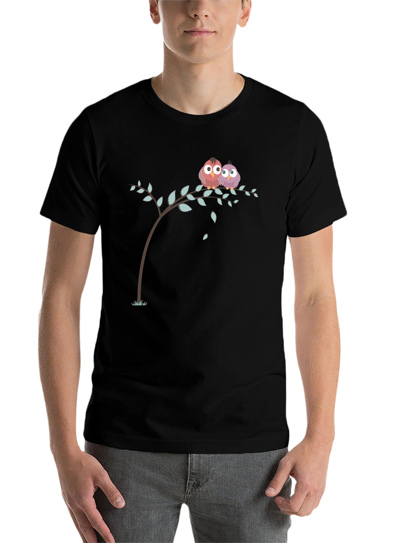 Black Cute Owl Couple on Branch Black T-Shirt view 7