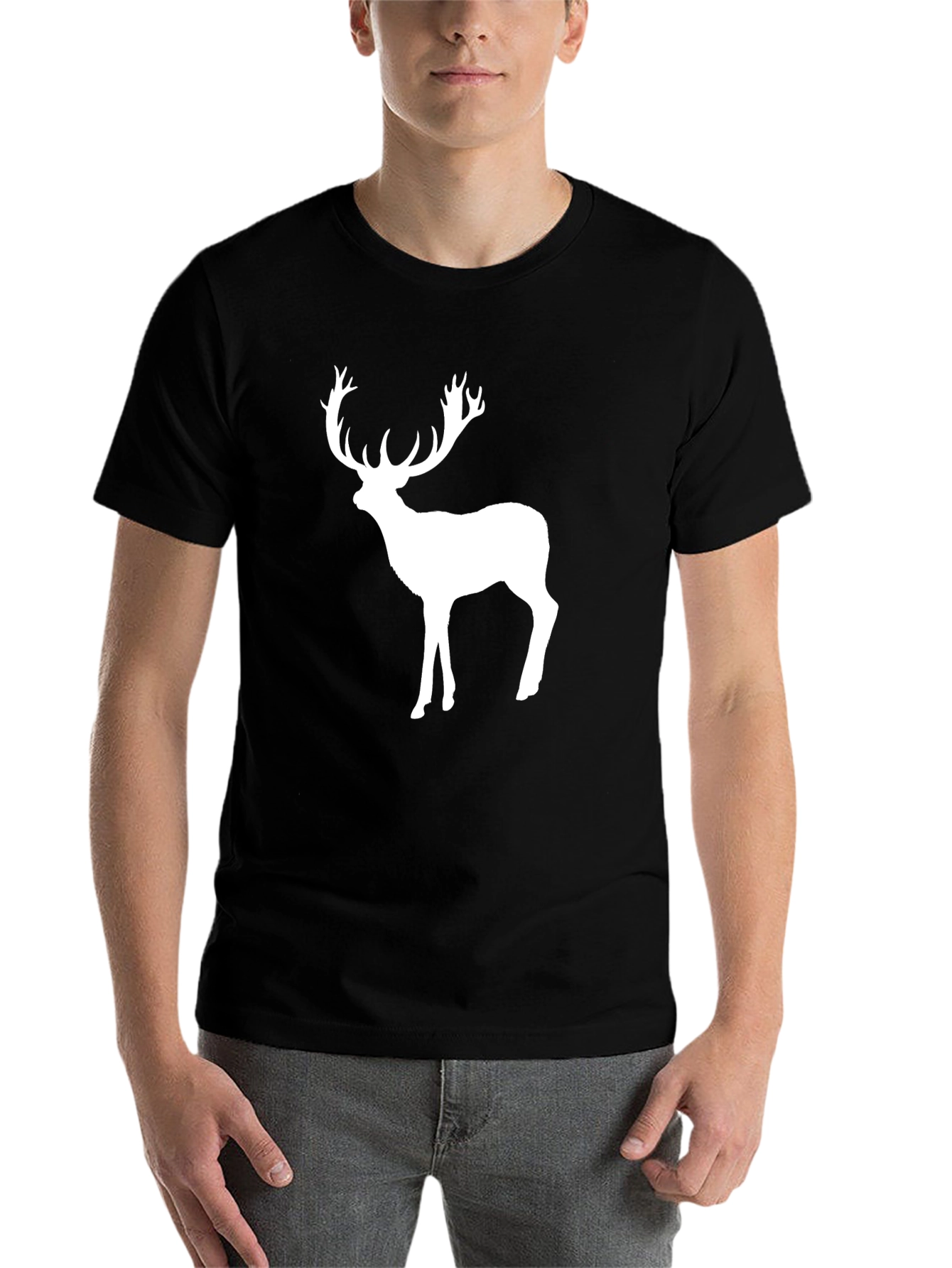 Black Men's Black T-Shirt with White Deer Graphic view 7