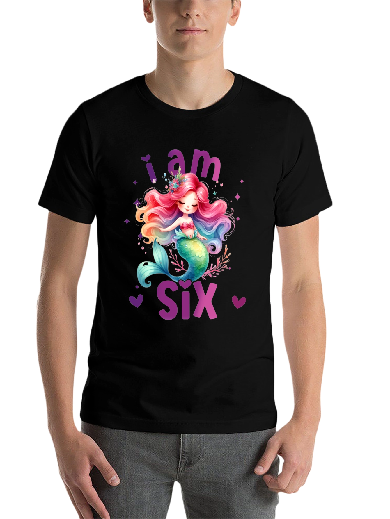Black I am Six Mermaid Birthday T-Shirt view 7