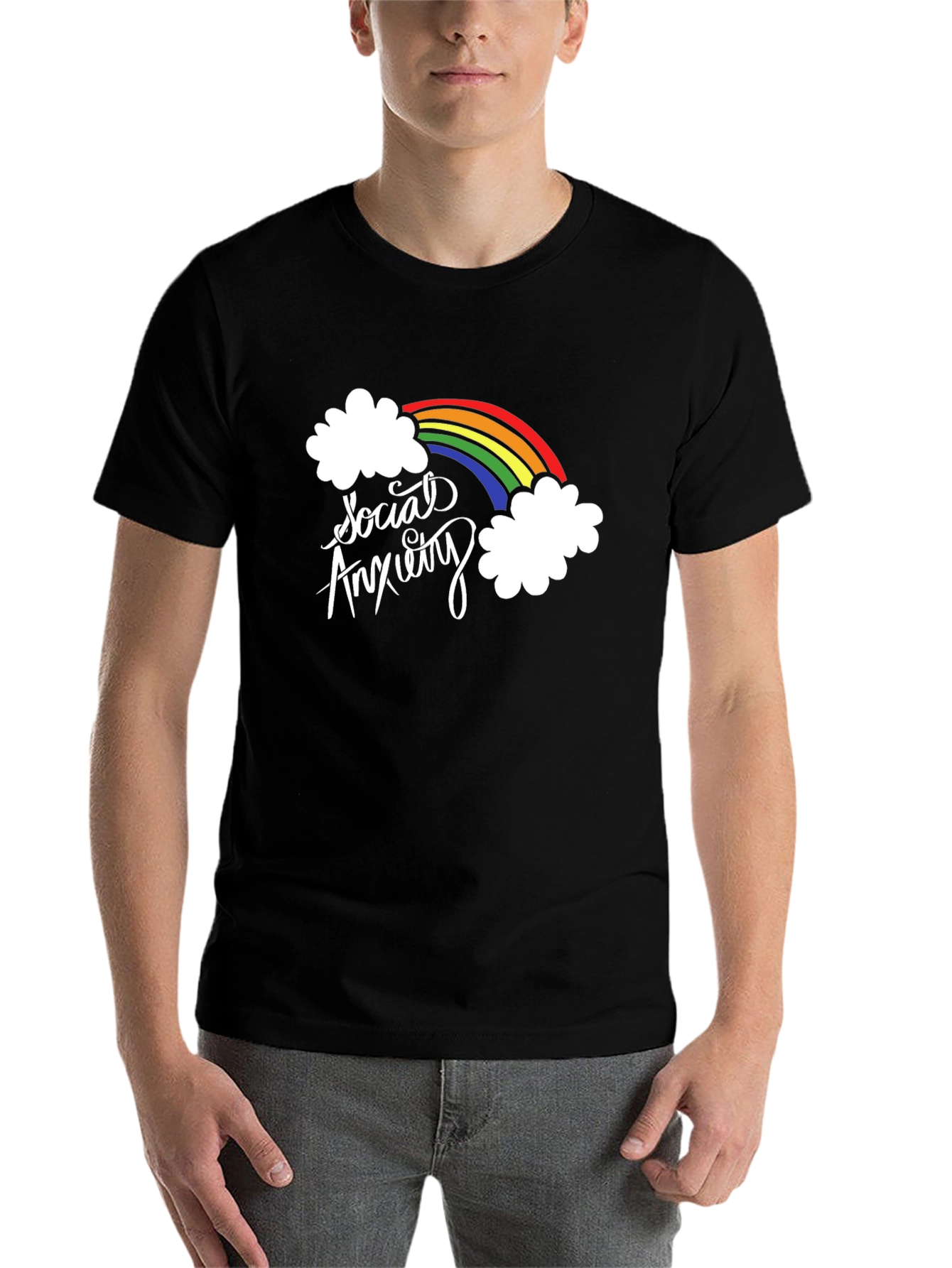 Black Social Anxiety Rainbow Graphic Black T-Shirt view 7