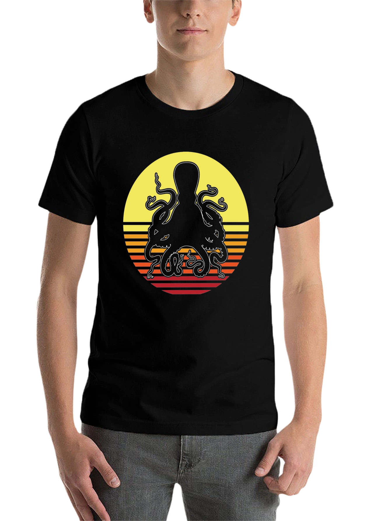 Black Retro Octopus Sunset Graphic T-Shirt view 7