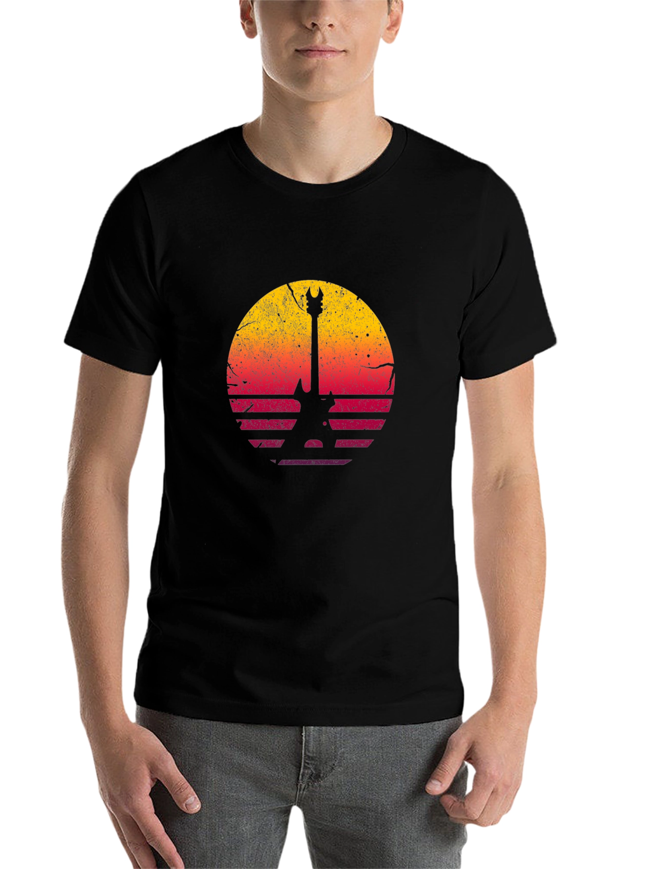Black Retro Guitar Sunset T-Shirt - Rock Band Graphic Tee view 7