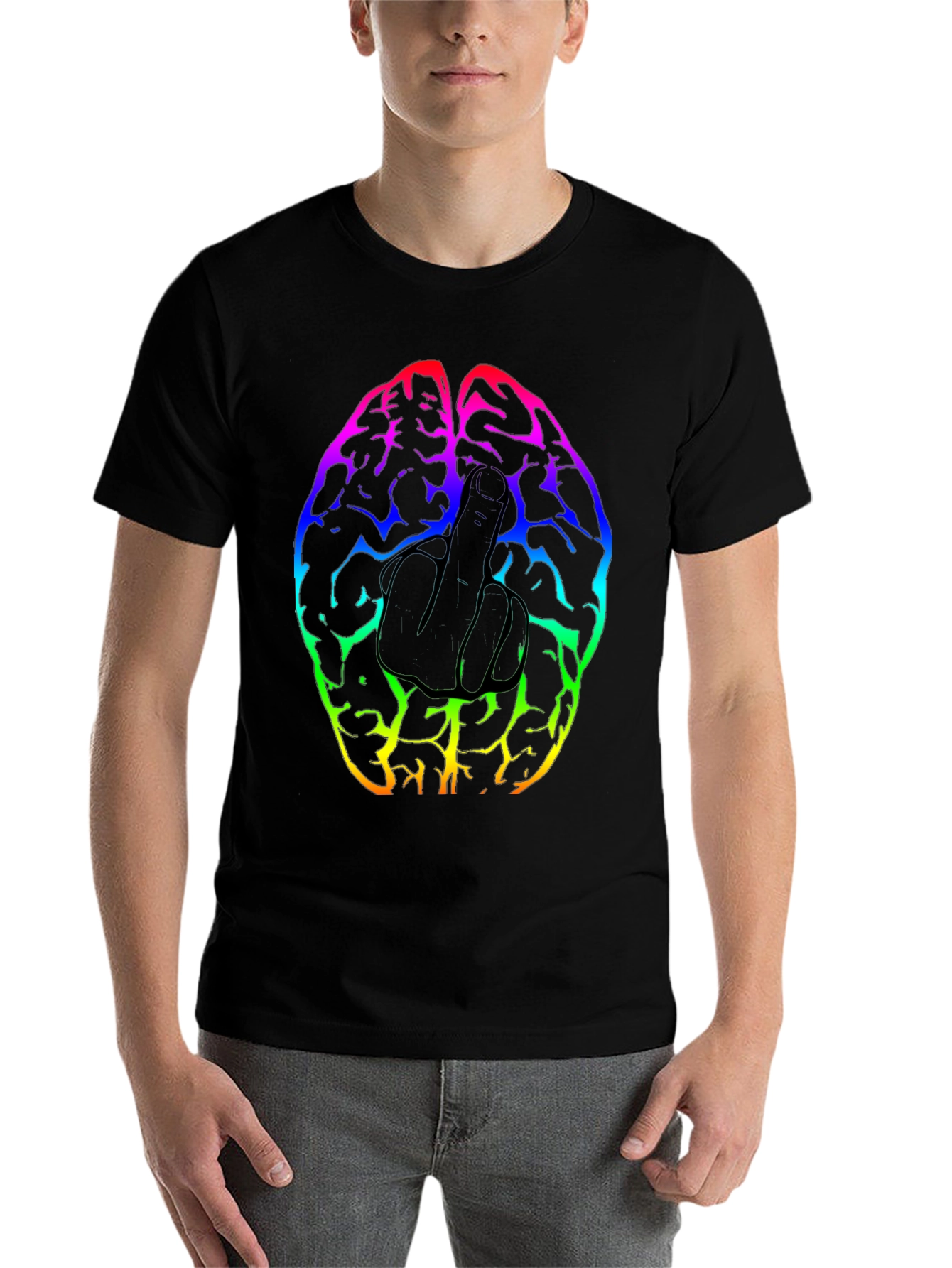 Black Rainbow Brain Middle Finger Graphic T-Shirt view 7