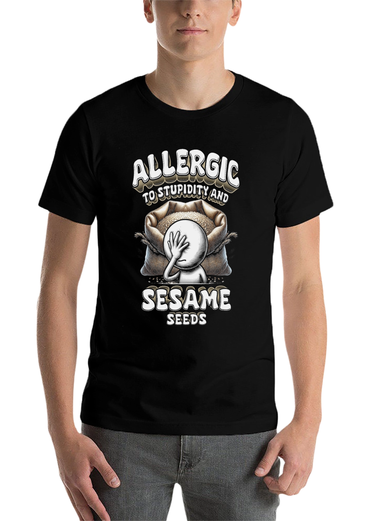 Black Allergic to Stupidity & Sesame Seeds T-Shirt view 7