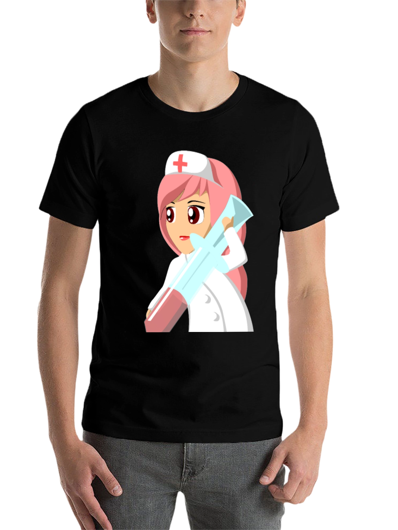 Black Cartoon Nurse Graphic Tee - Unisex Black T-Shirt view 7