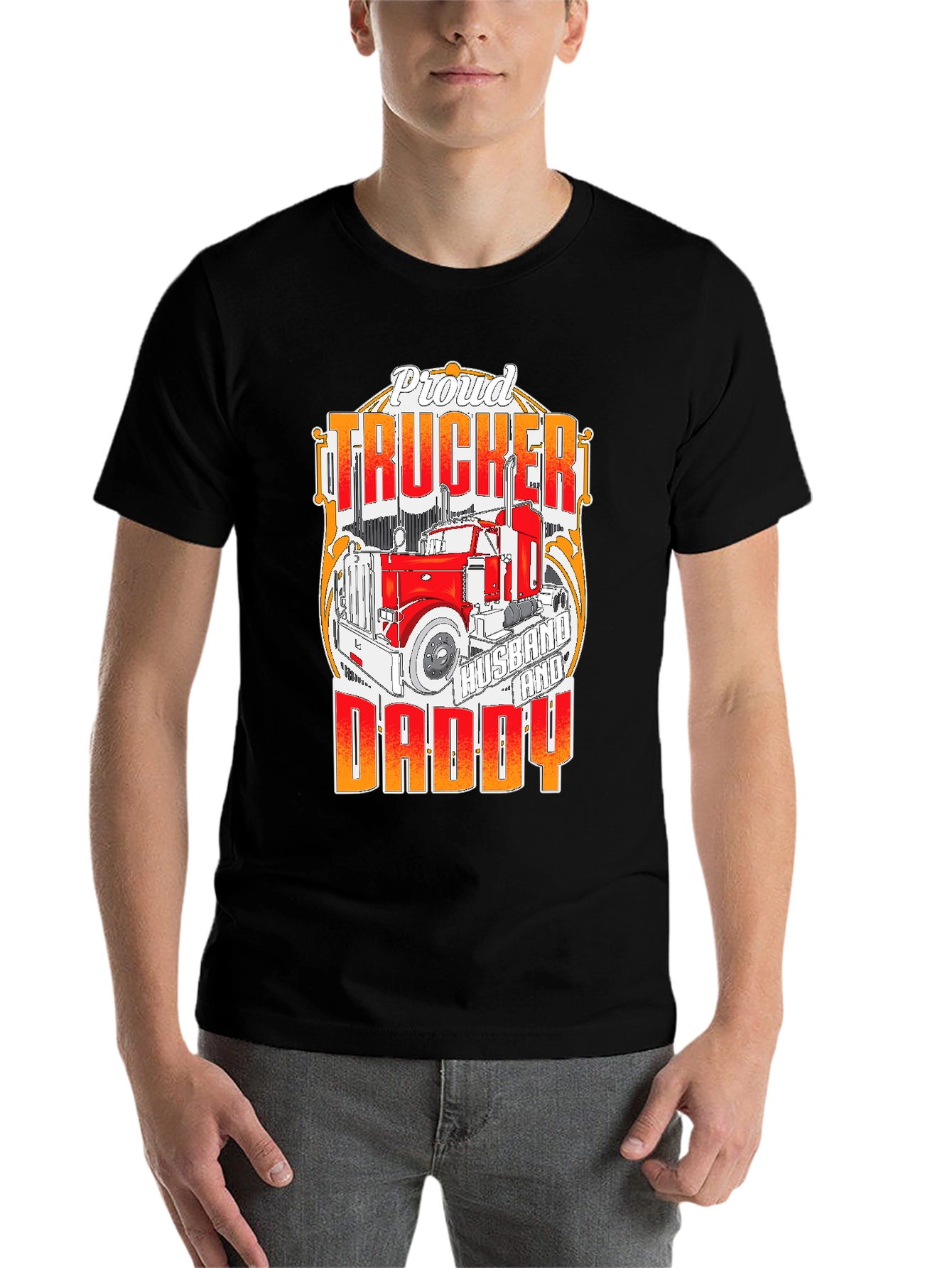 Black Proud Trucker Husband and Daddy T-Shirt view 7