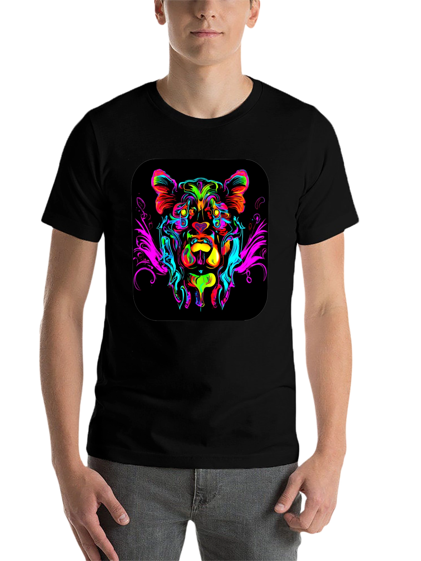 Black Vivid Lion Graphic Black T-Shirt view 7