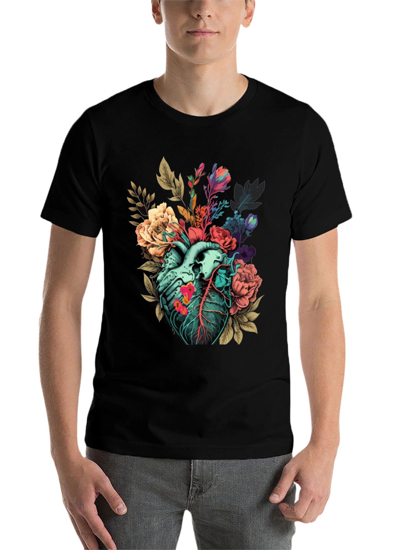Black Floral Heart Print T-Shirt - Unique Anatomical Art view 7