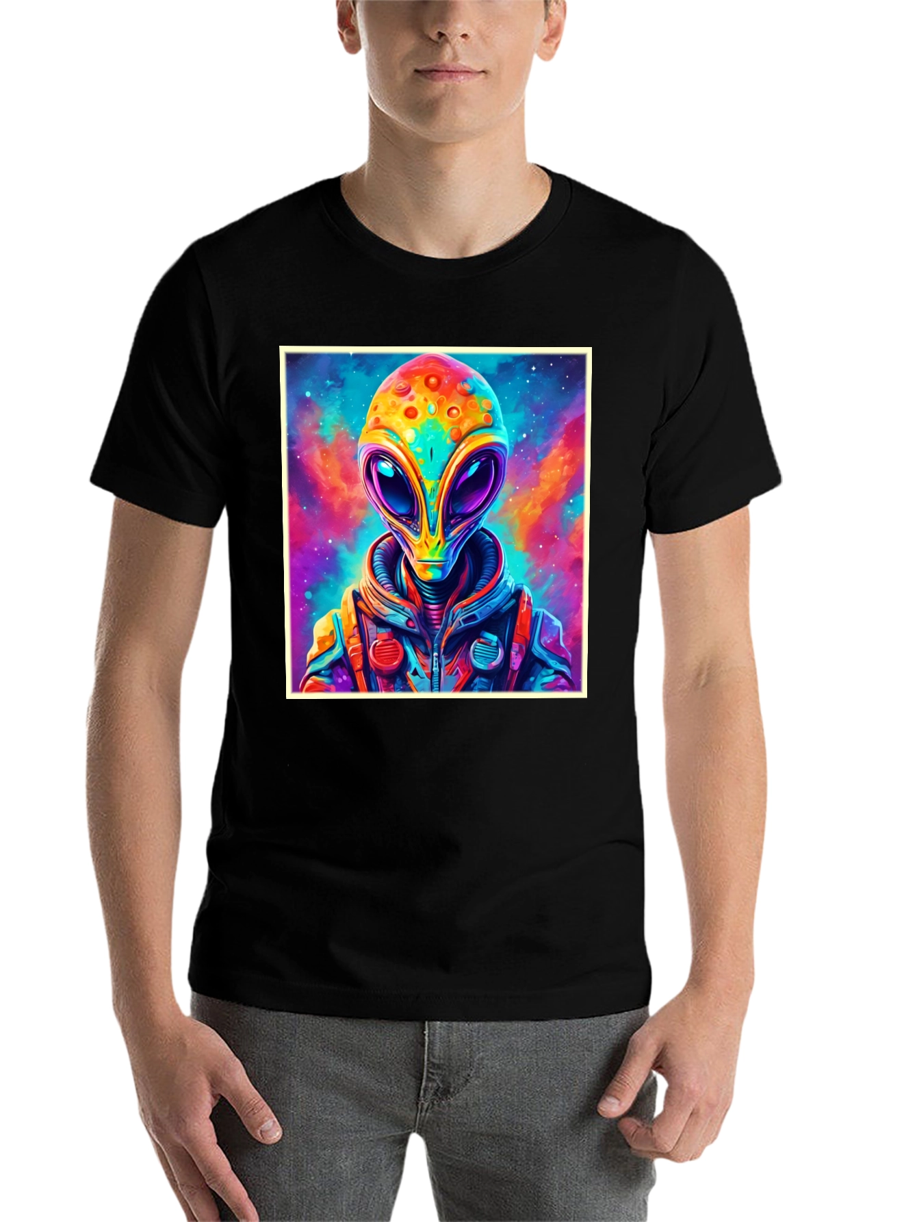 Black Colorful Alien Graphic Tee - Black Cotton T-Shirt view 7