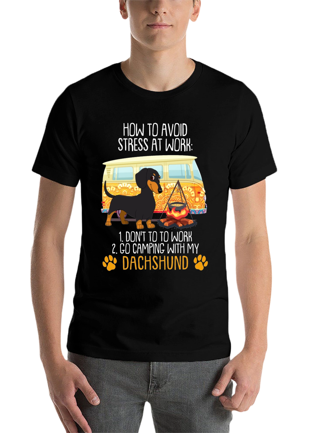 Black Avoid Stress Dachshund Camping T-Shirt view 7