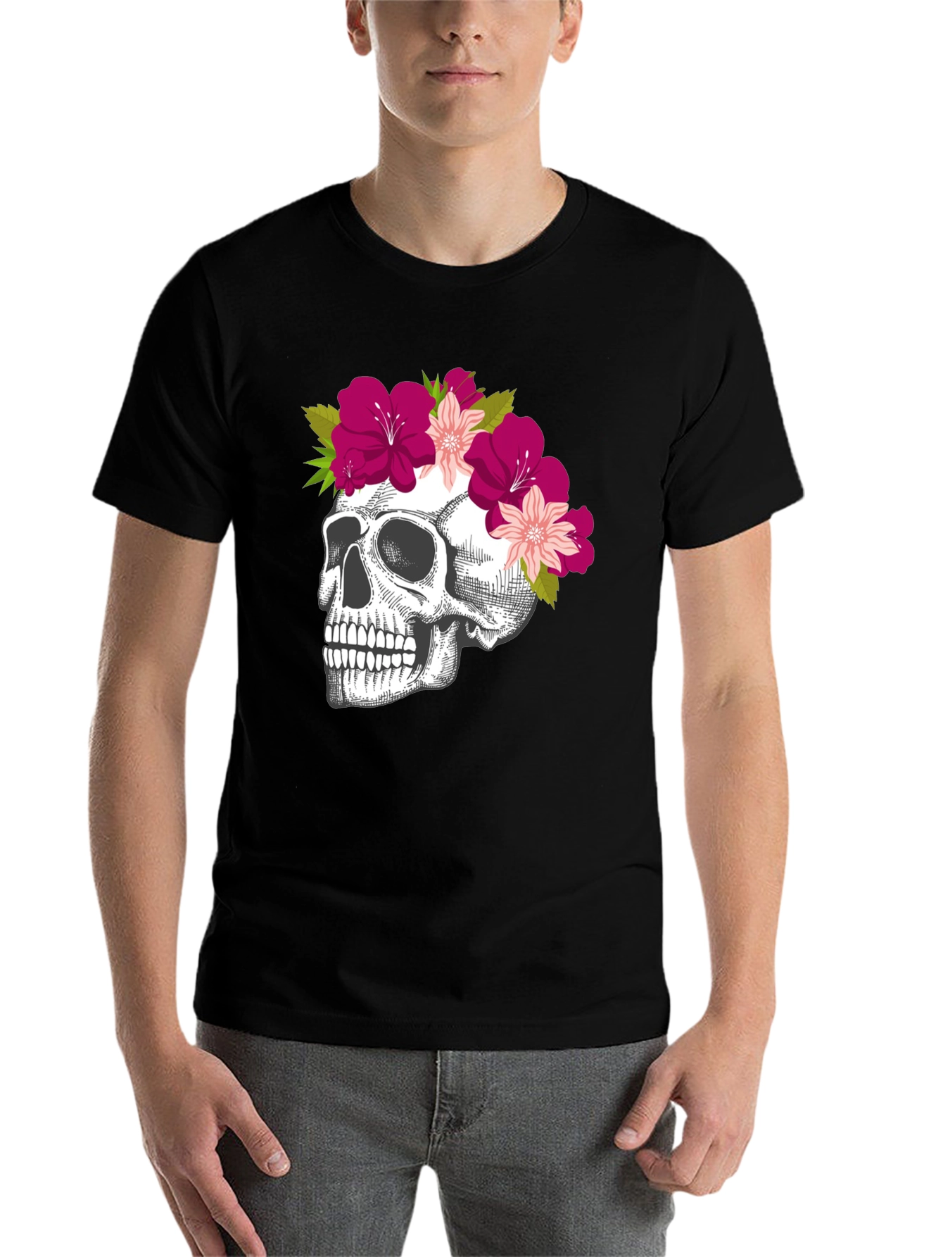 Black Floral Skull Graphic Tee - Unique & Stylish view 7