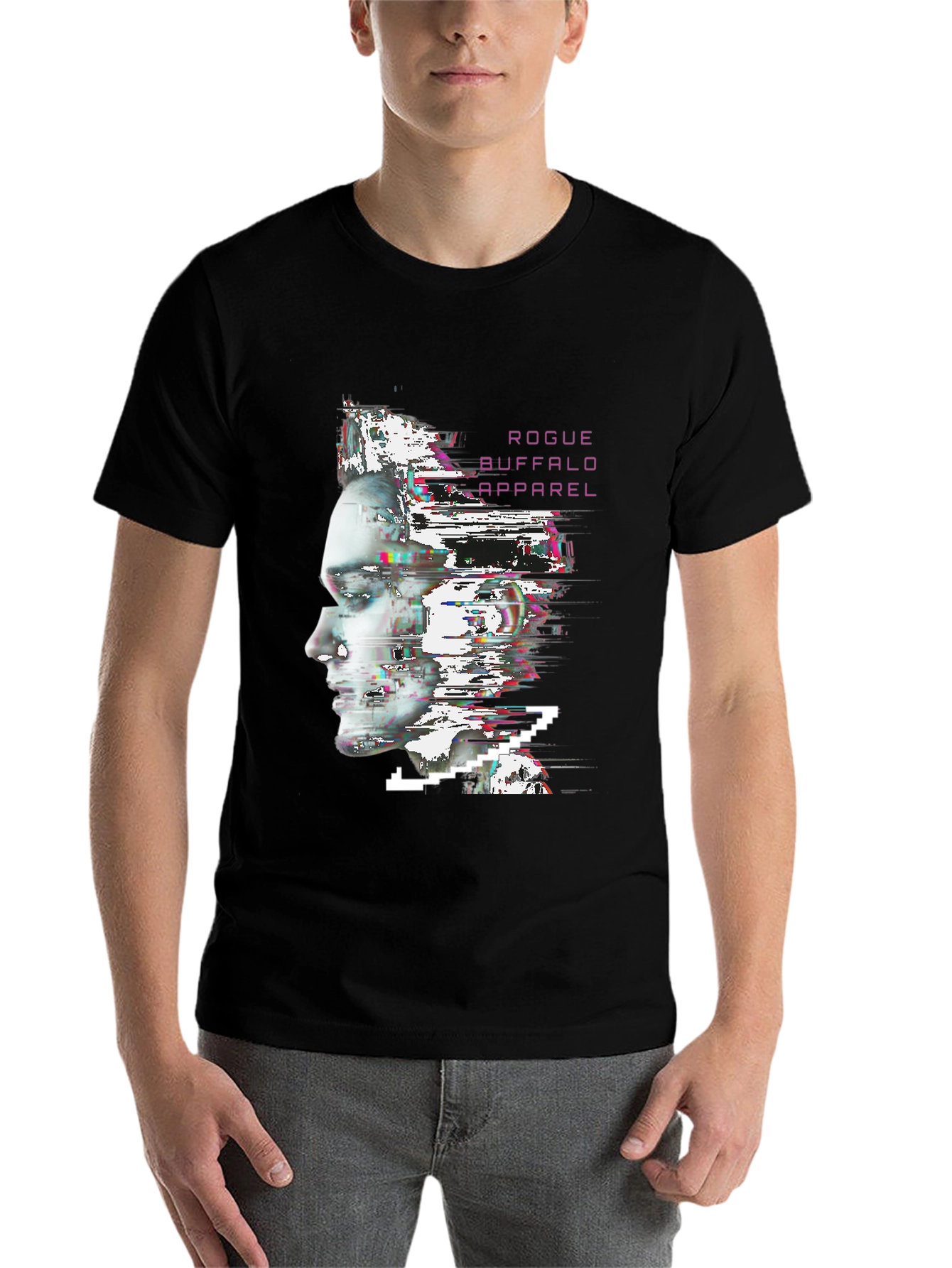 Black Rogue Buffalo Apparel Glitch Portrait T-Shirt view 7