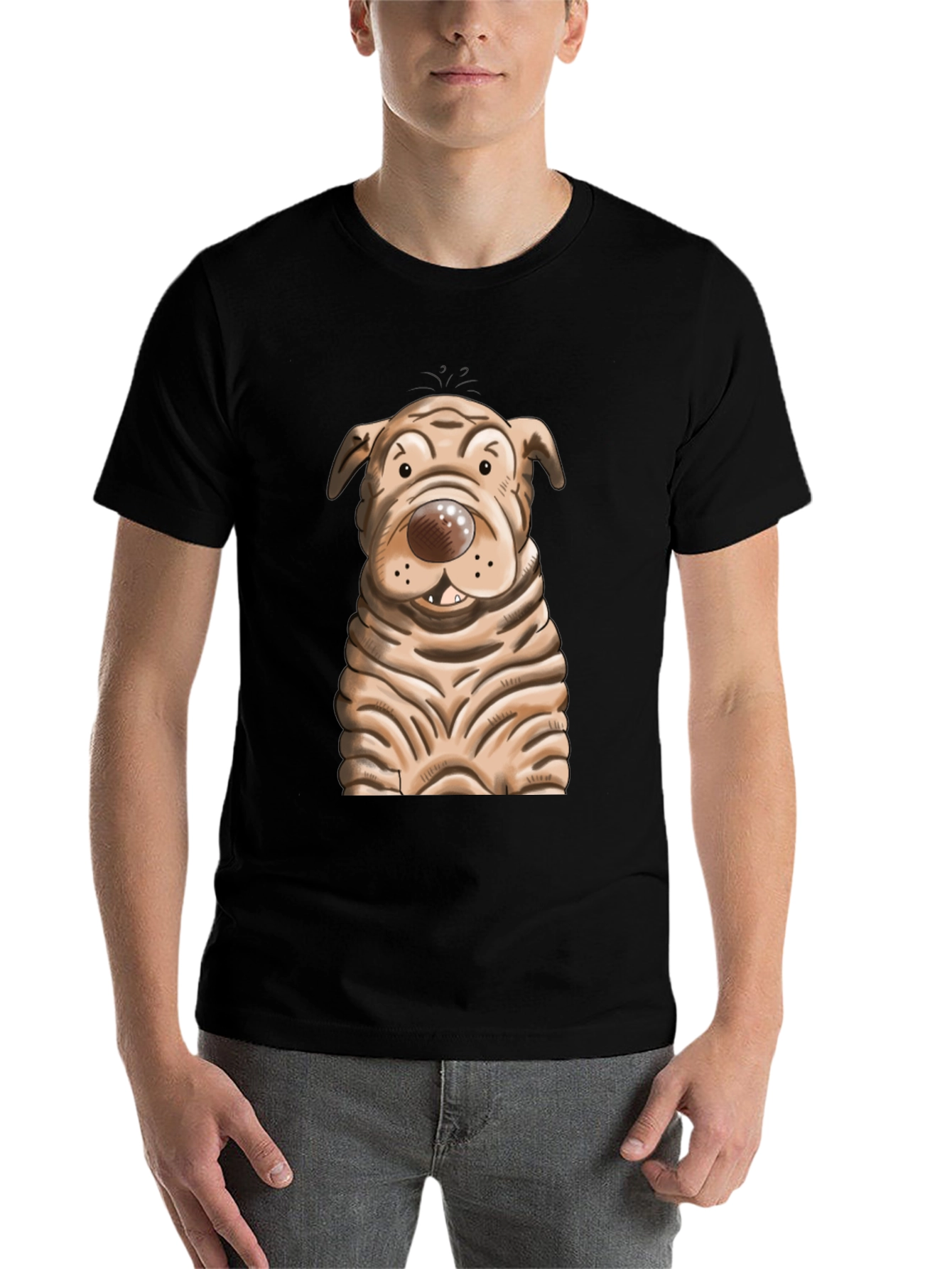 Black Cartoon Dog Graphic T-Shirt - Unisex Crew Neck view 7