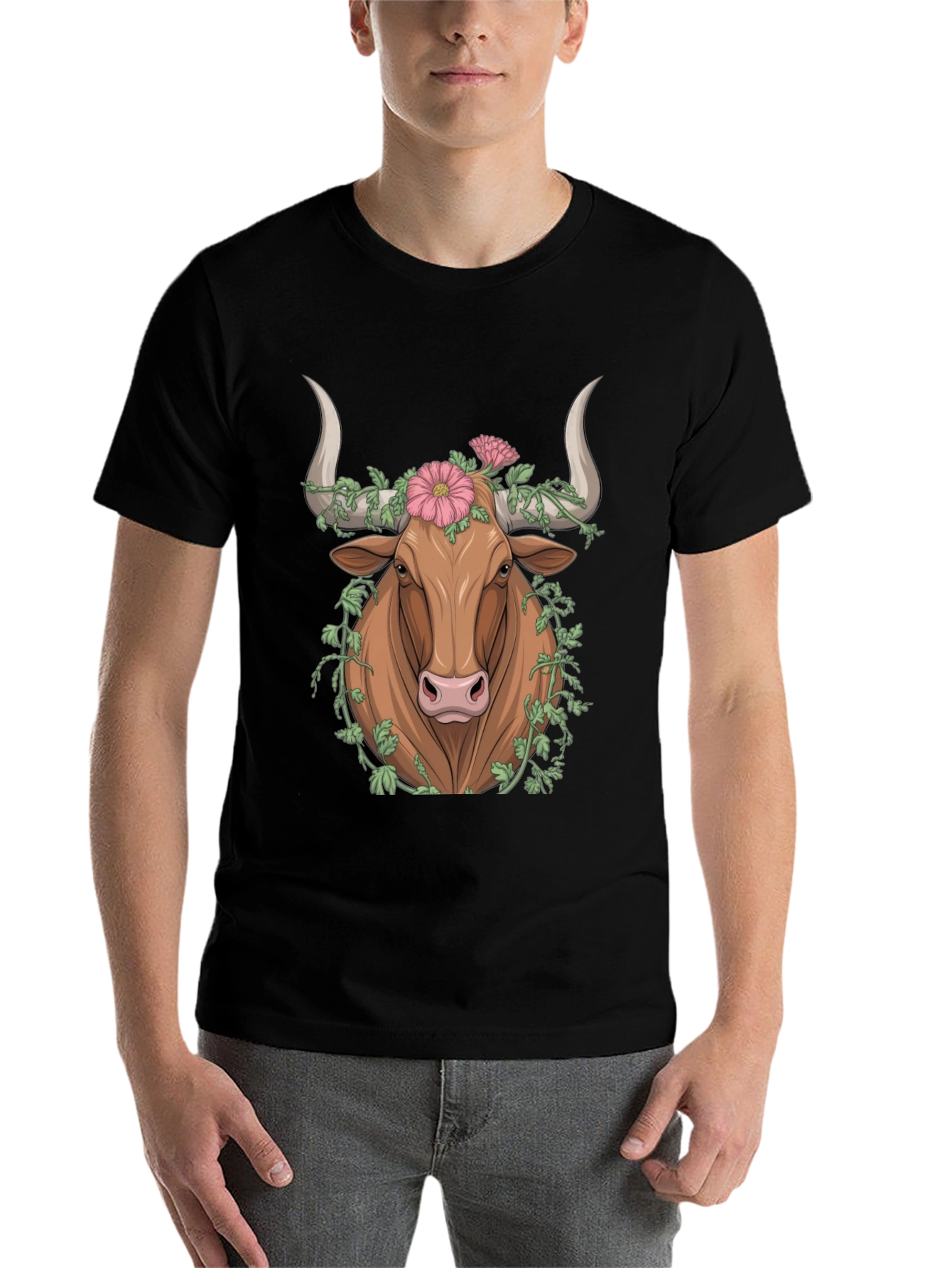 Black Floral Bull Graphic Tee - Unique Animal Print view 7