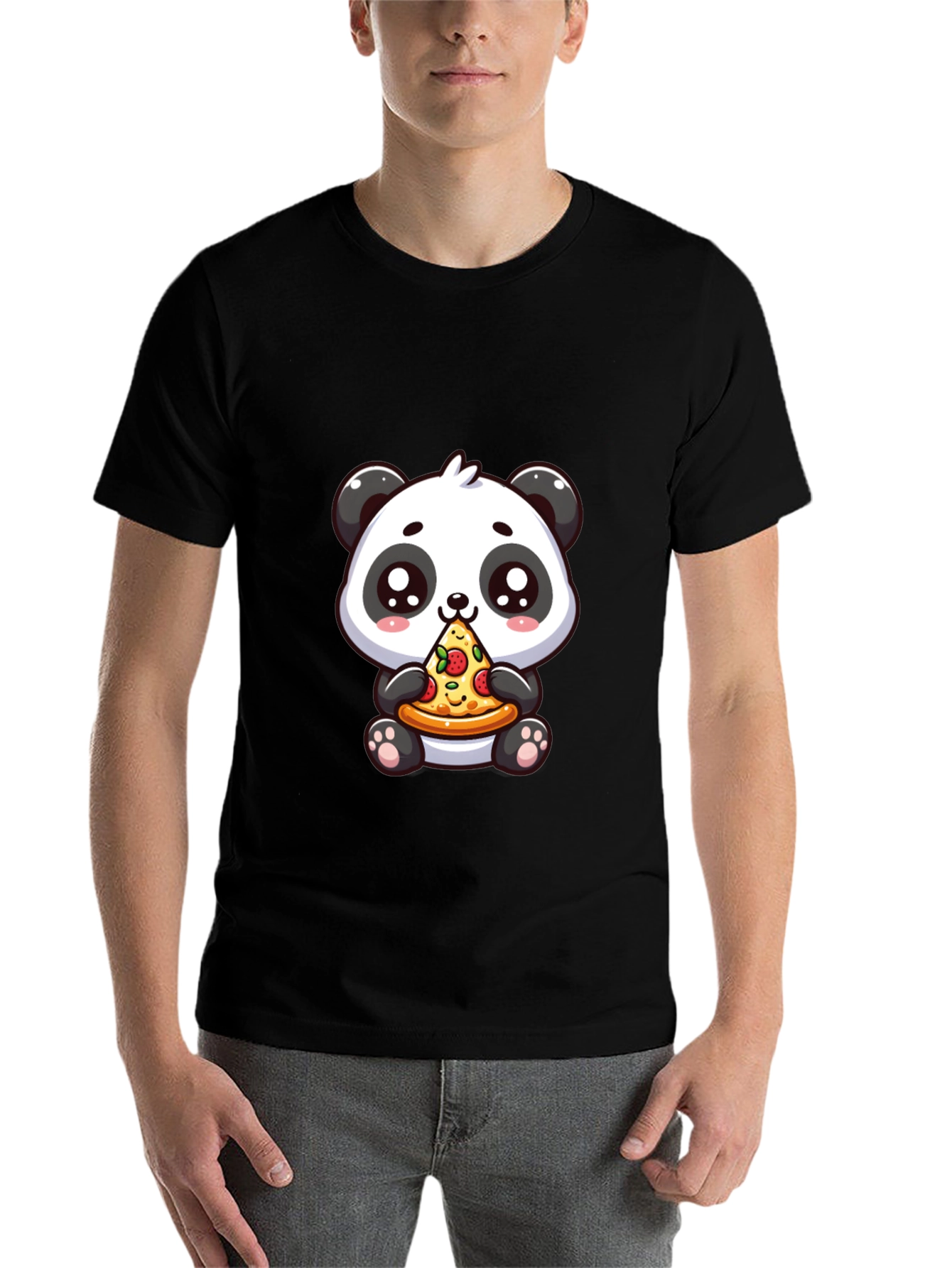 Black Cute Panda Pizza Graphic Black T-Shirt view 7