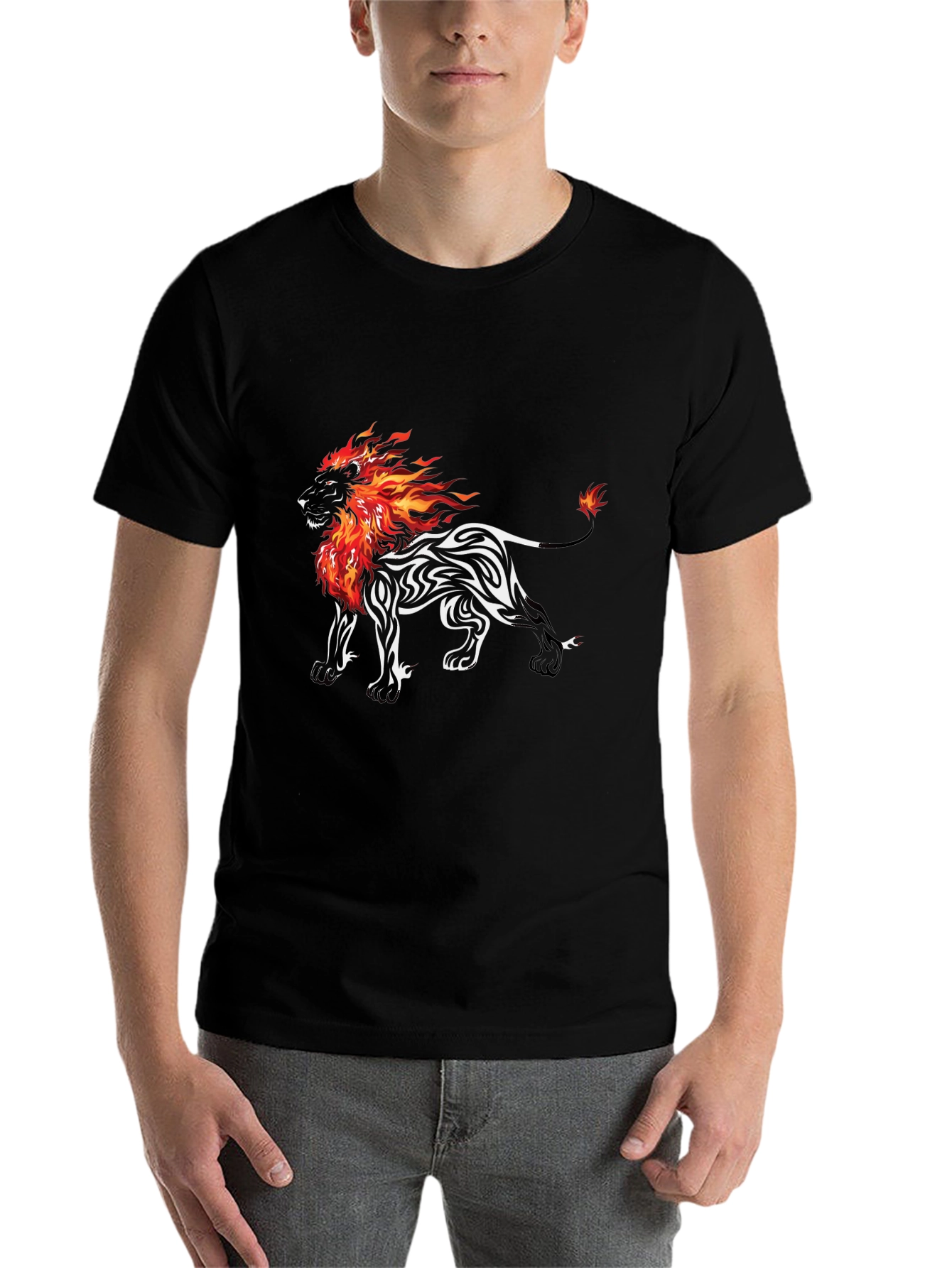 Black Fiery Lion Graphic Tee - Black Cotton Blend T-Shirt view 7