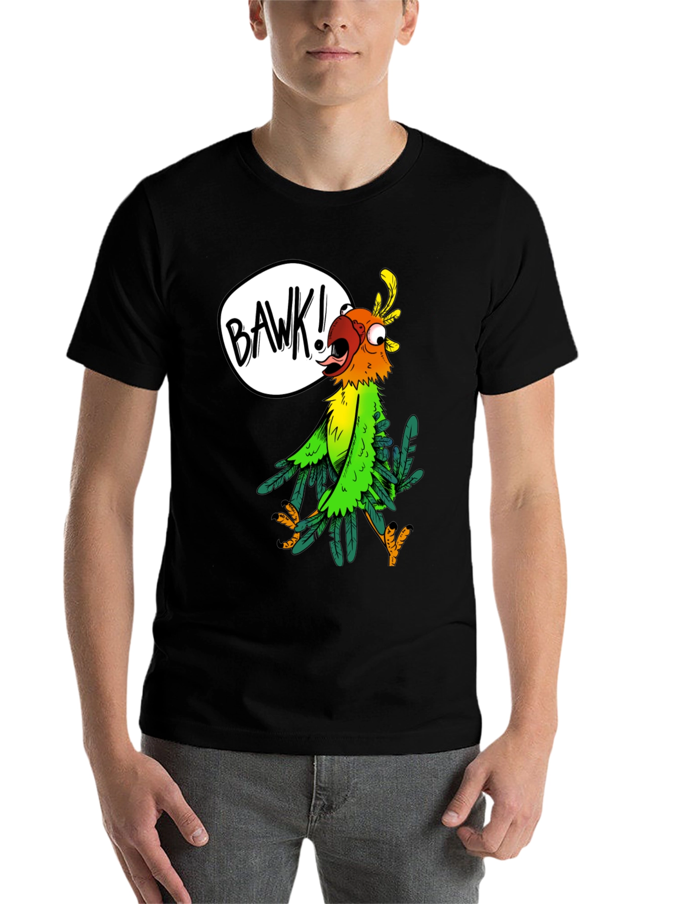 Black Cartoon Parrot Graphic Tee - 'BAWK!' Design view 7