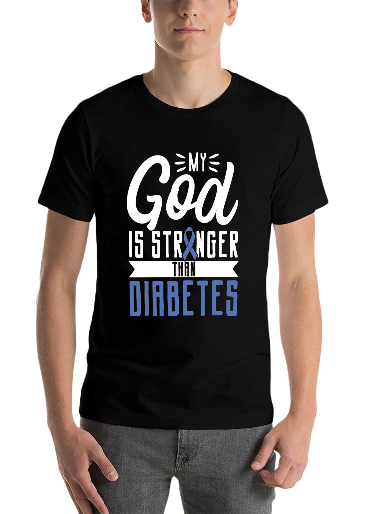 Black My God Is Stronger Than Diabetes Awareness T-Shirt view 7