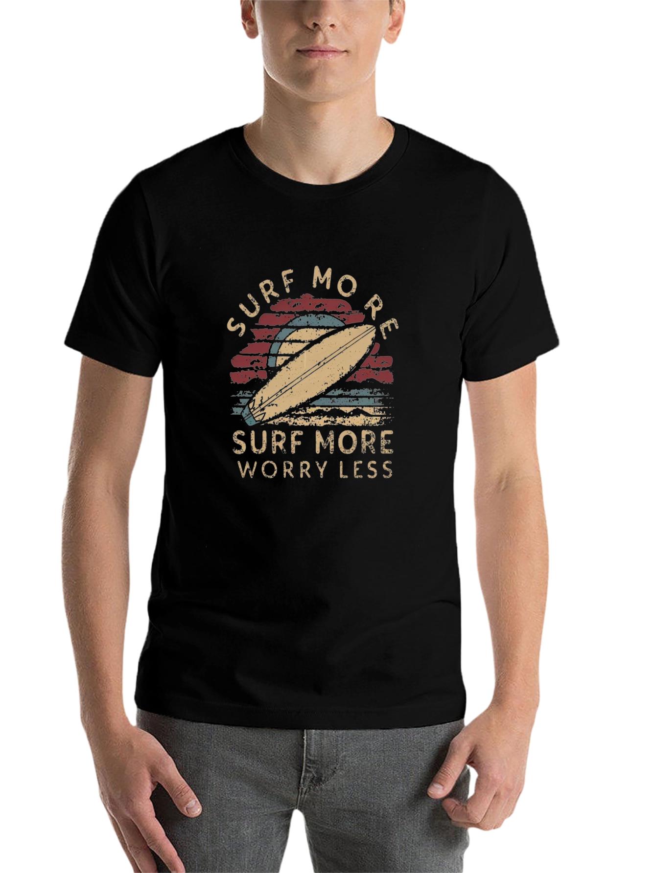 Black Surf More Worry Less Graphic Tee - Retro Surfboard Design view 7