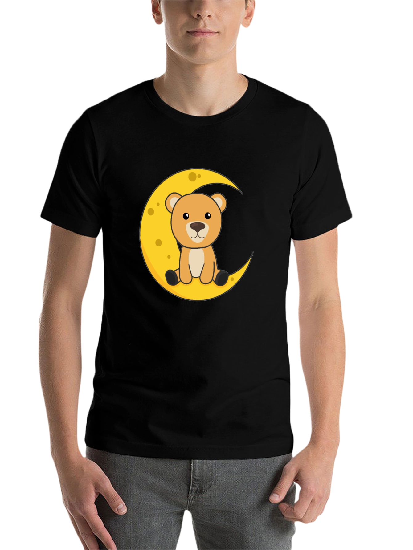 Black Cute Teddy Bear Moon Graphic Tee - Black Casual T-Shirt view 7