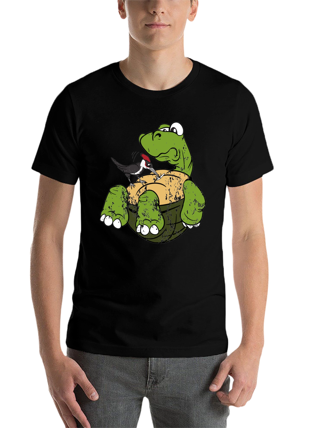 Black Turtle & Woodpecker Graphic T-Shirt view 7