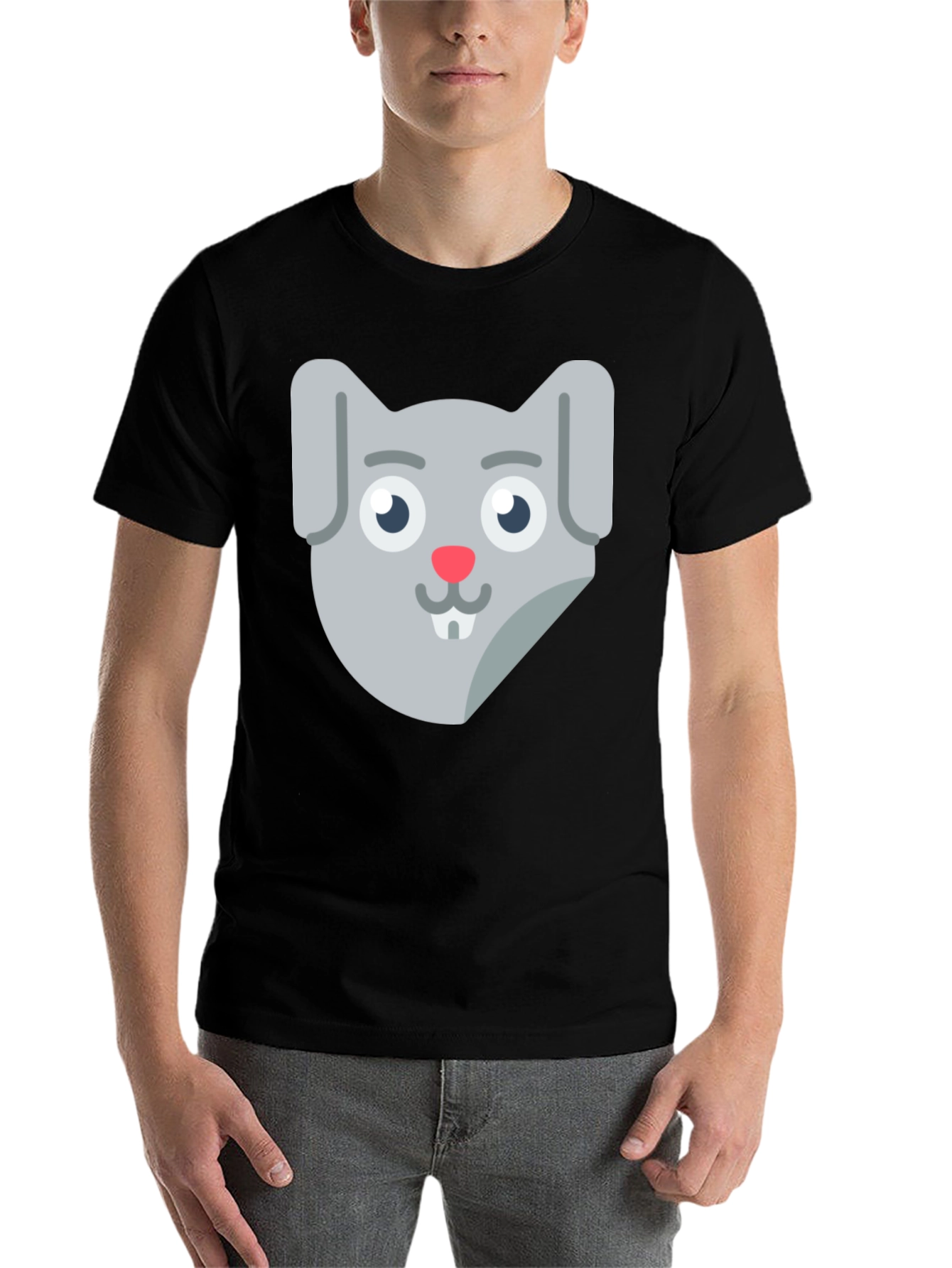 Black Cute Cartoon Rabbit Face Black T-Shirt view 7