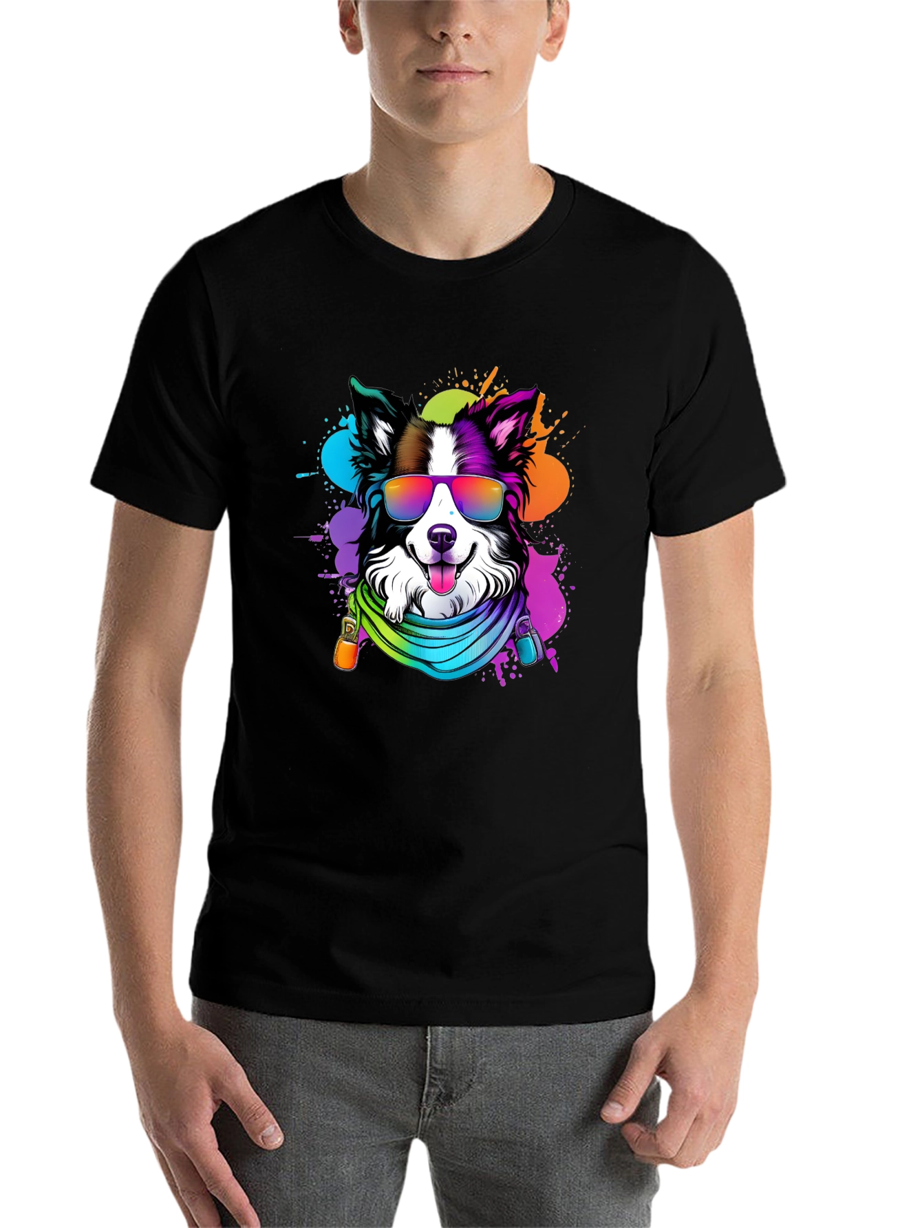 Black Cool Dog Graphic Tee - Colorful Border Collie T-Shirt view 7