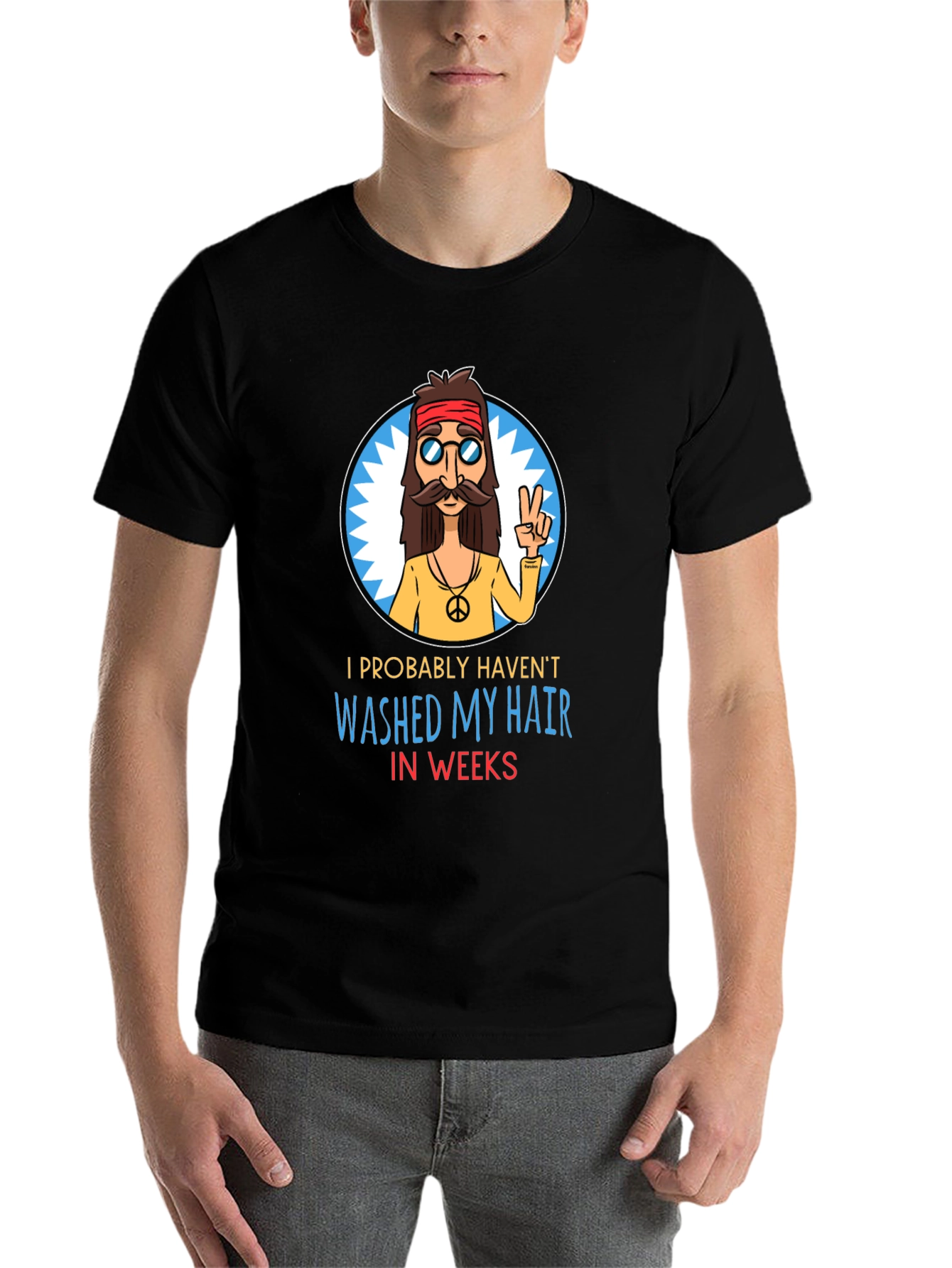 Black Hippie Humor T-Shirt - Unwashed Hair view 7