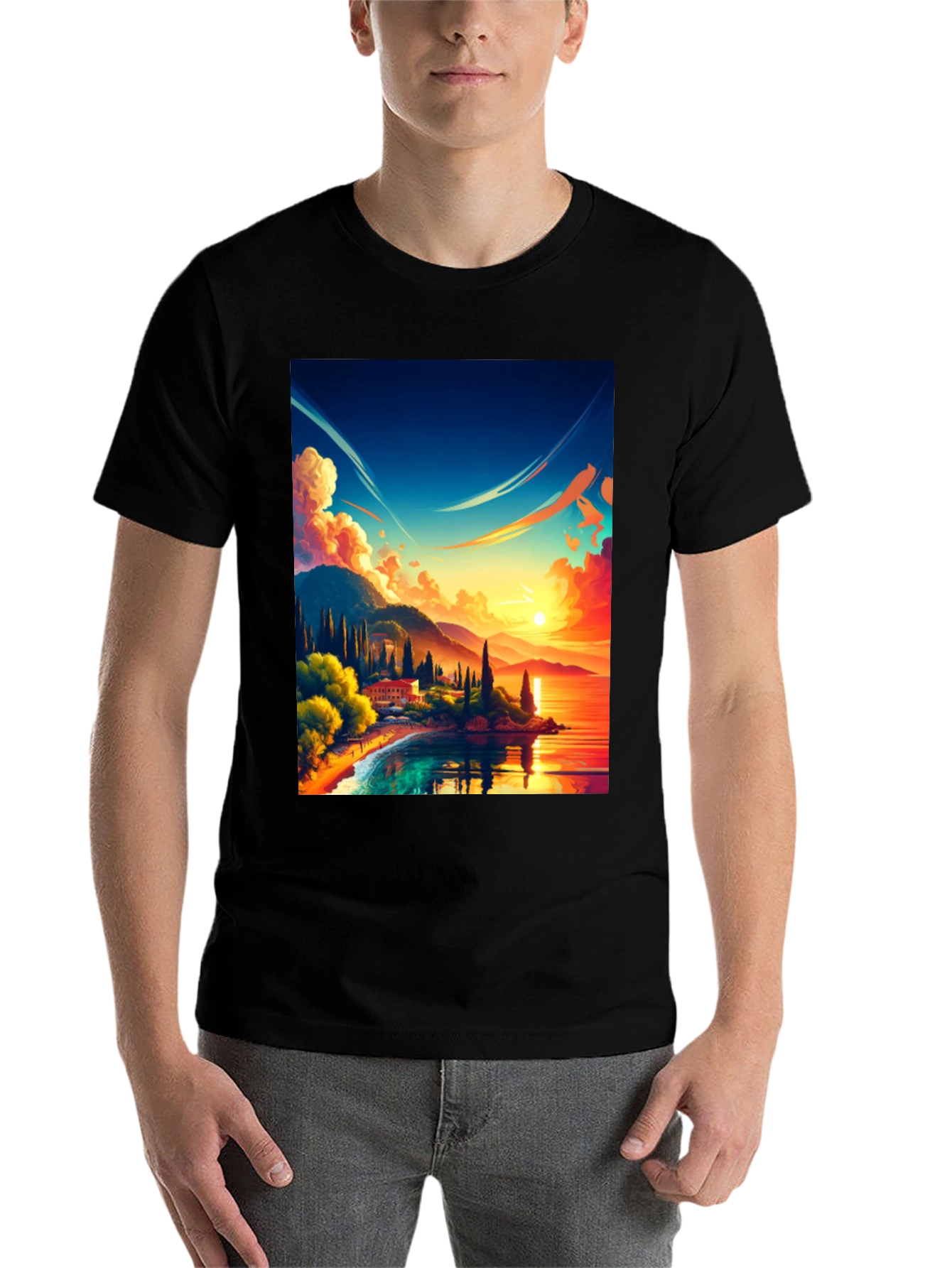 Black Vibrant Sunset Landscape Graphic Tee view 7