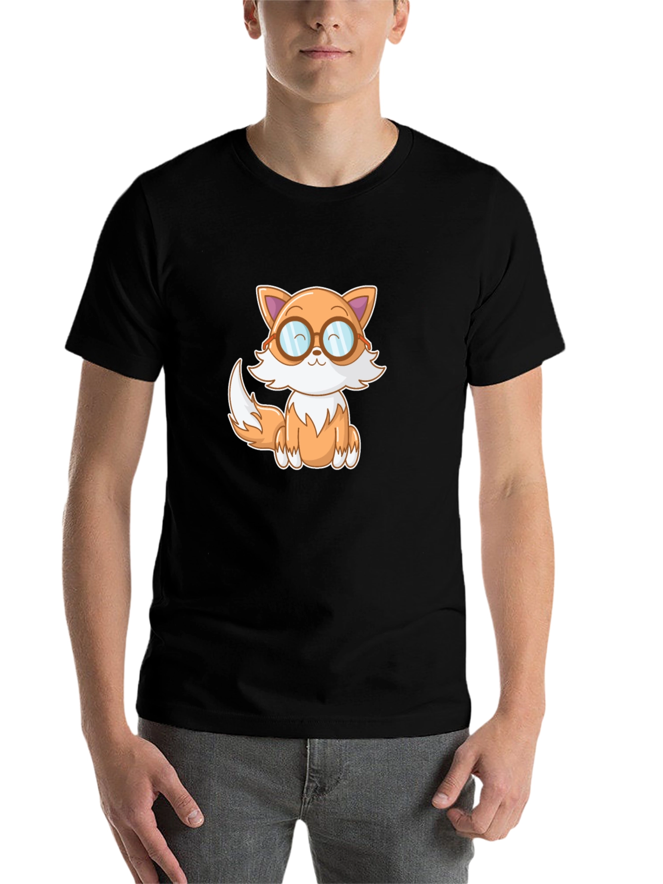 Black Cute Cartoon Fox T-Shirt - Black view 7