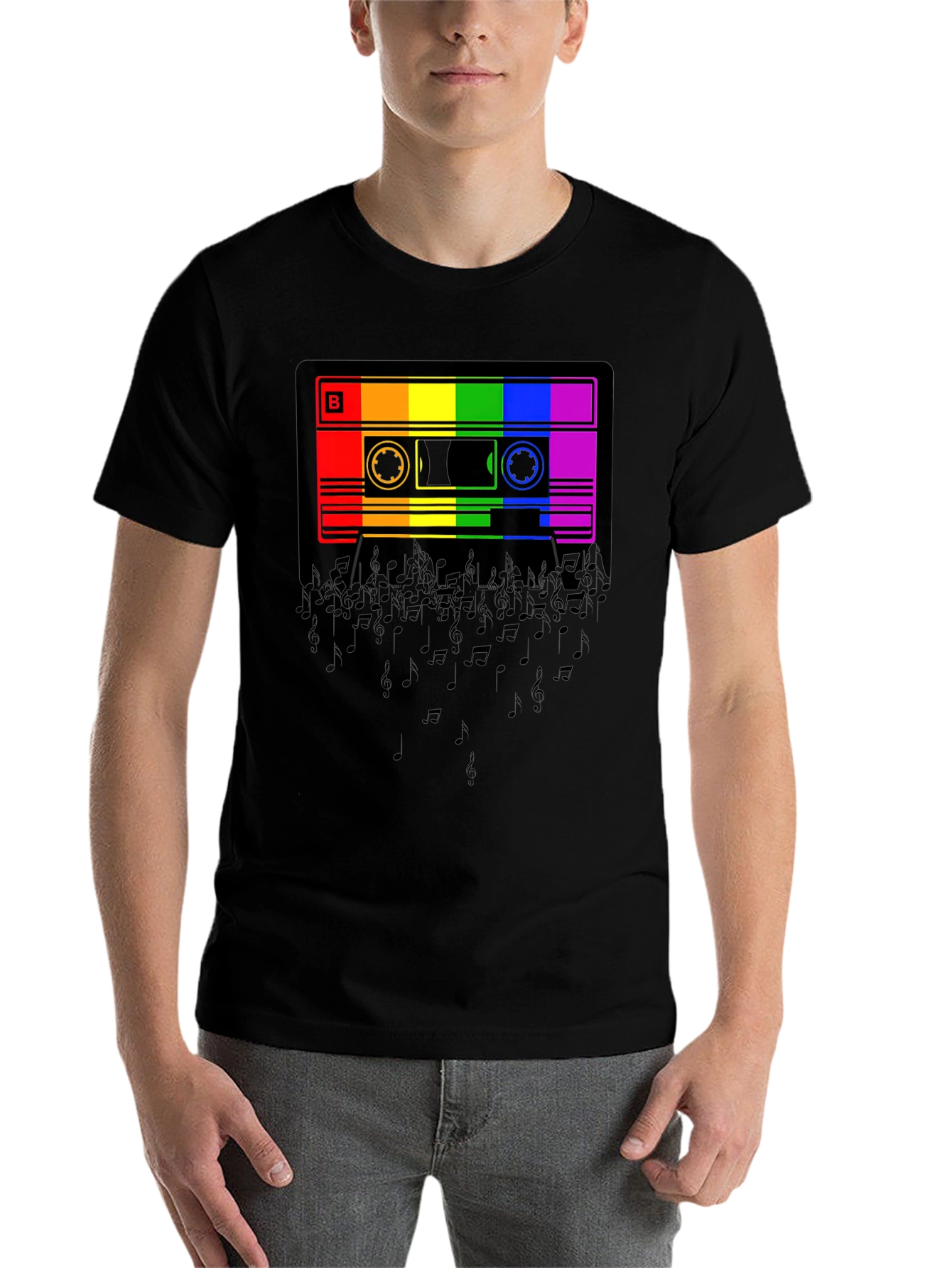 Black Rainbow Cassette Tape Music Notes Graphic T-Shirt view 7