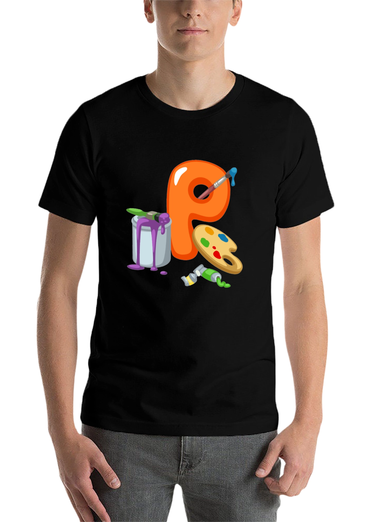 Black Artistic Letter P T-Shirt - Black Cotton Graphic Tee view 7