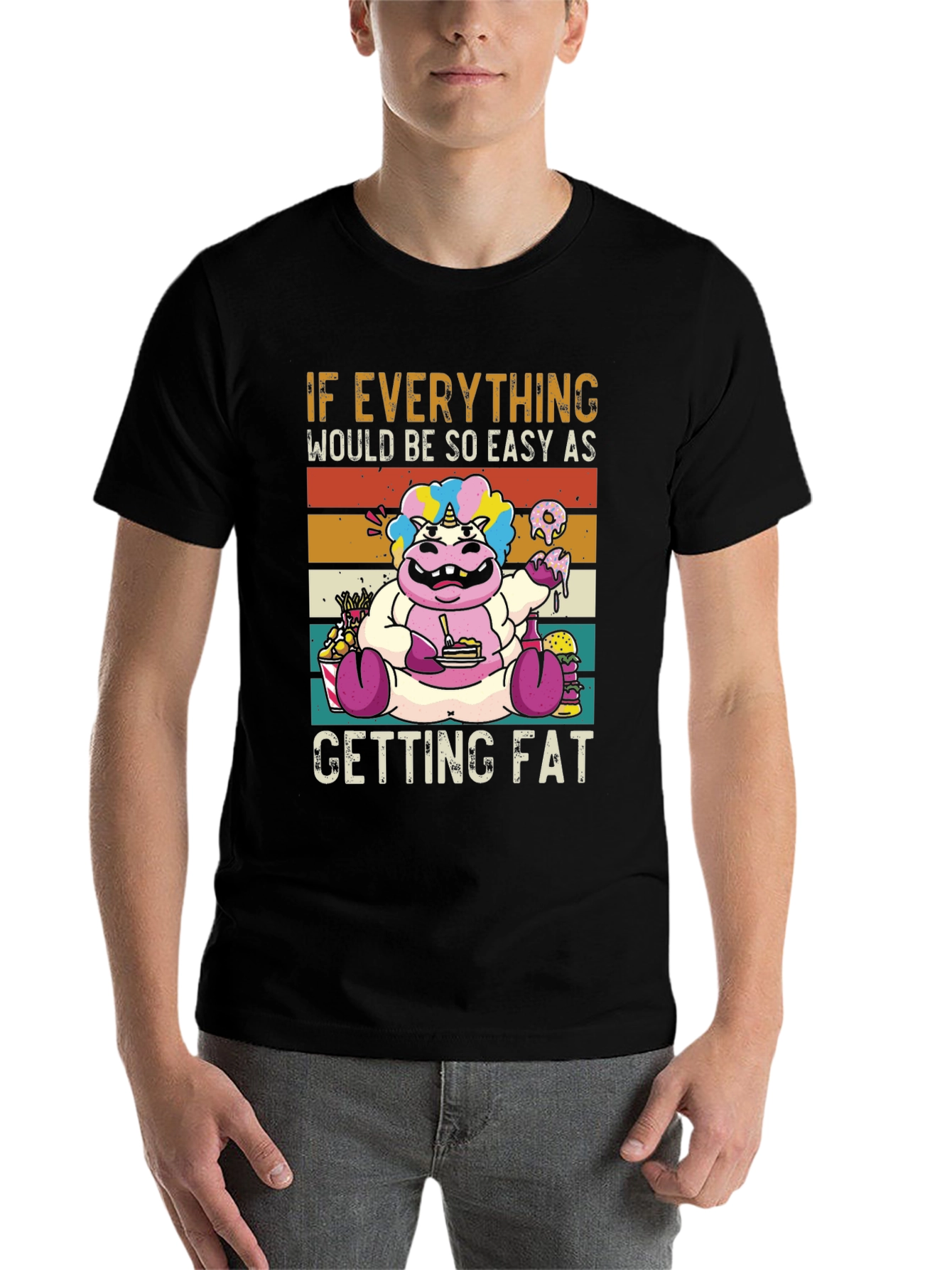 Black Funny Unicorn Hippo Easy Getting Fat Graphic T-Shirt view 7
