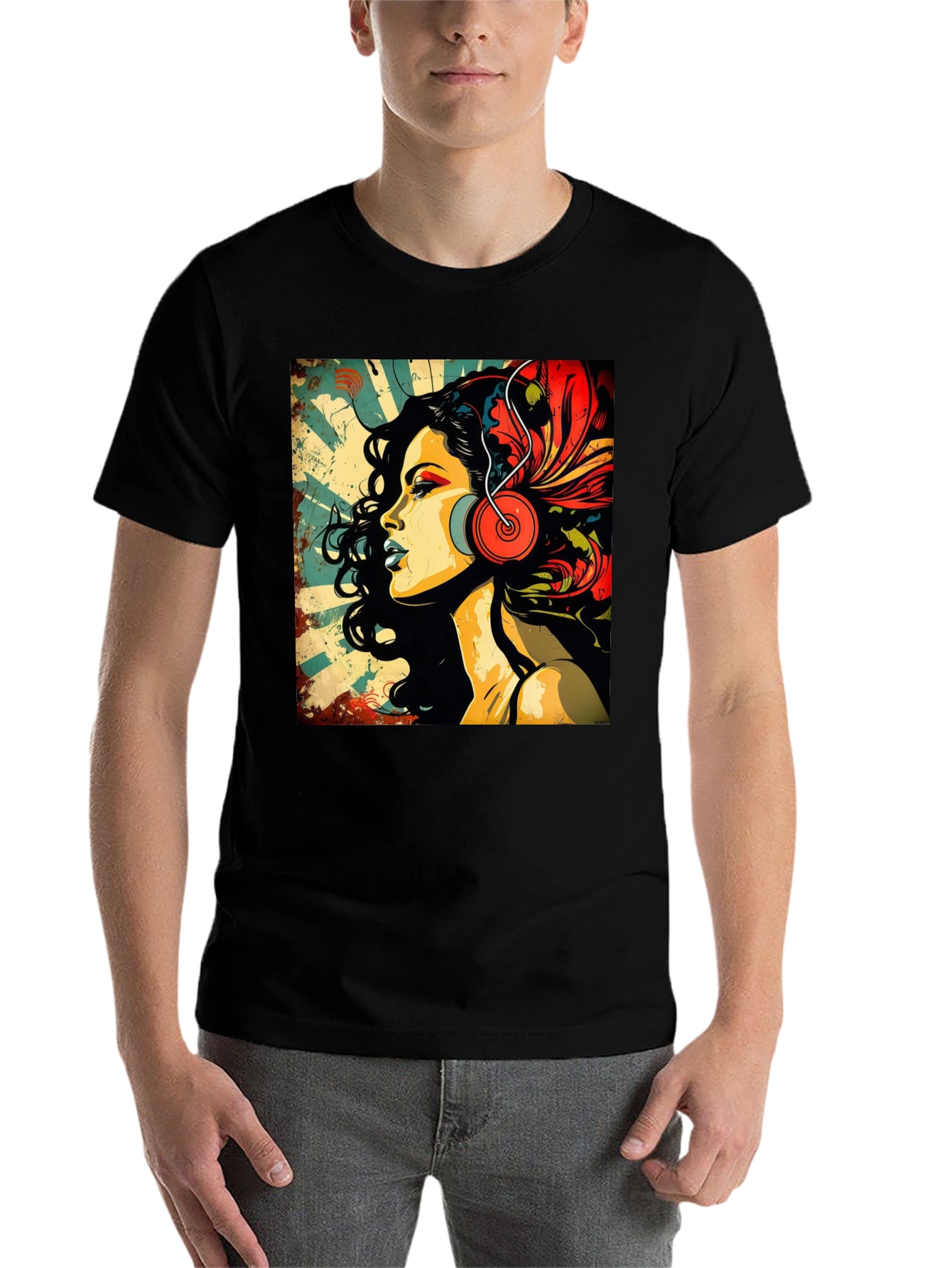Black Retro Woman with Headphones Graphic Tee view 7