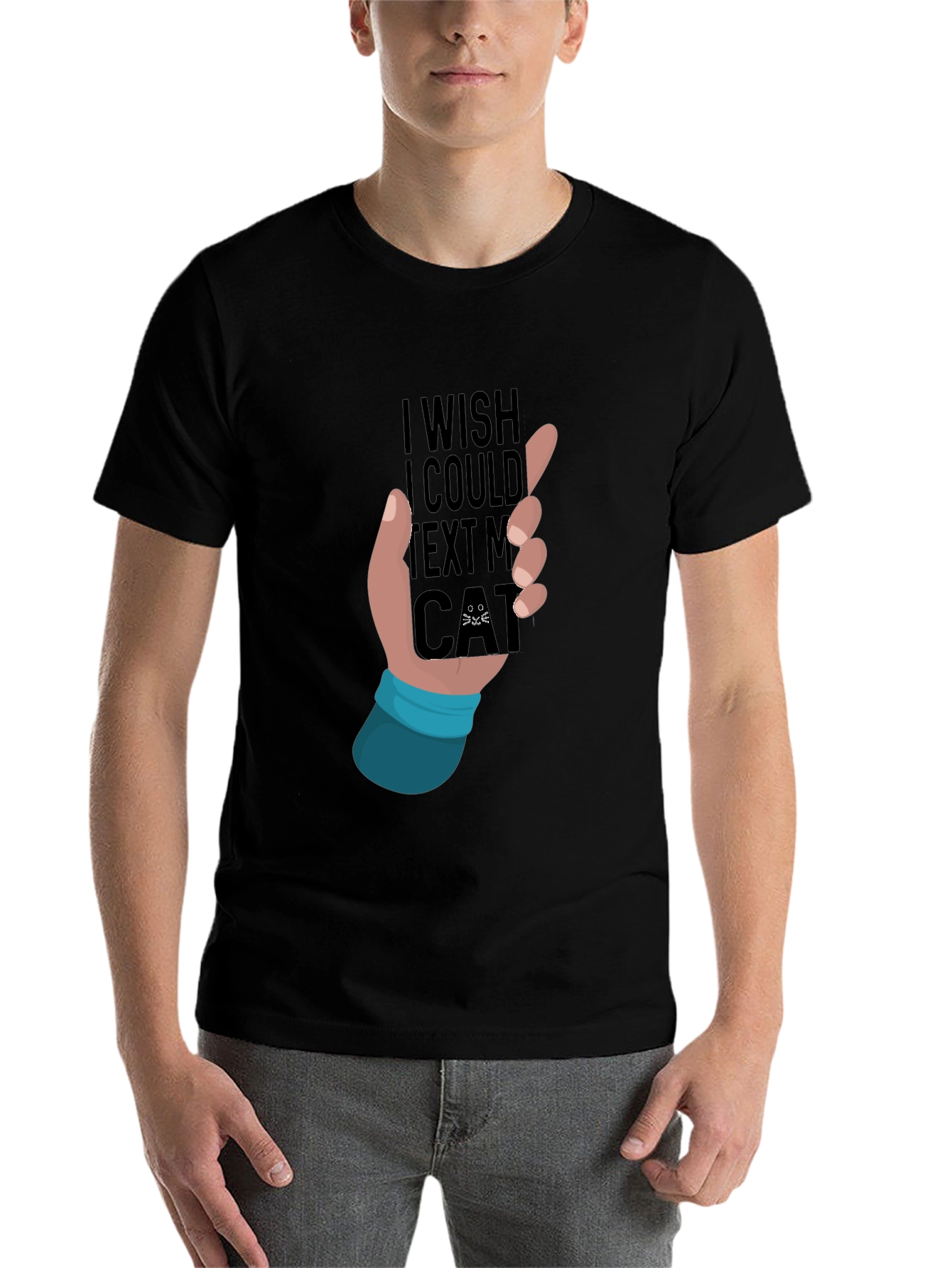 Black I Wish I Could Text My Cat T-Shirt view 7