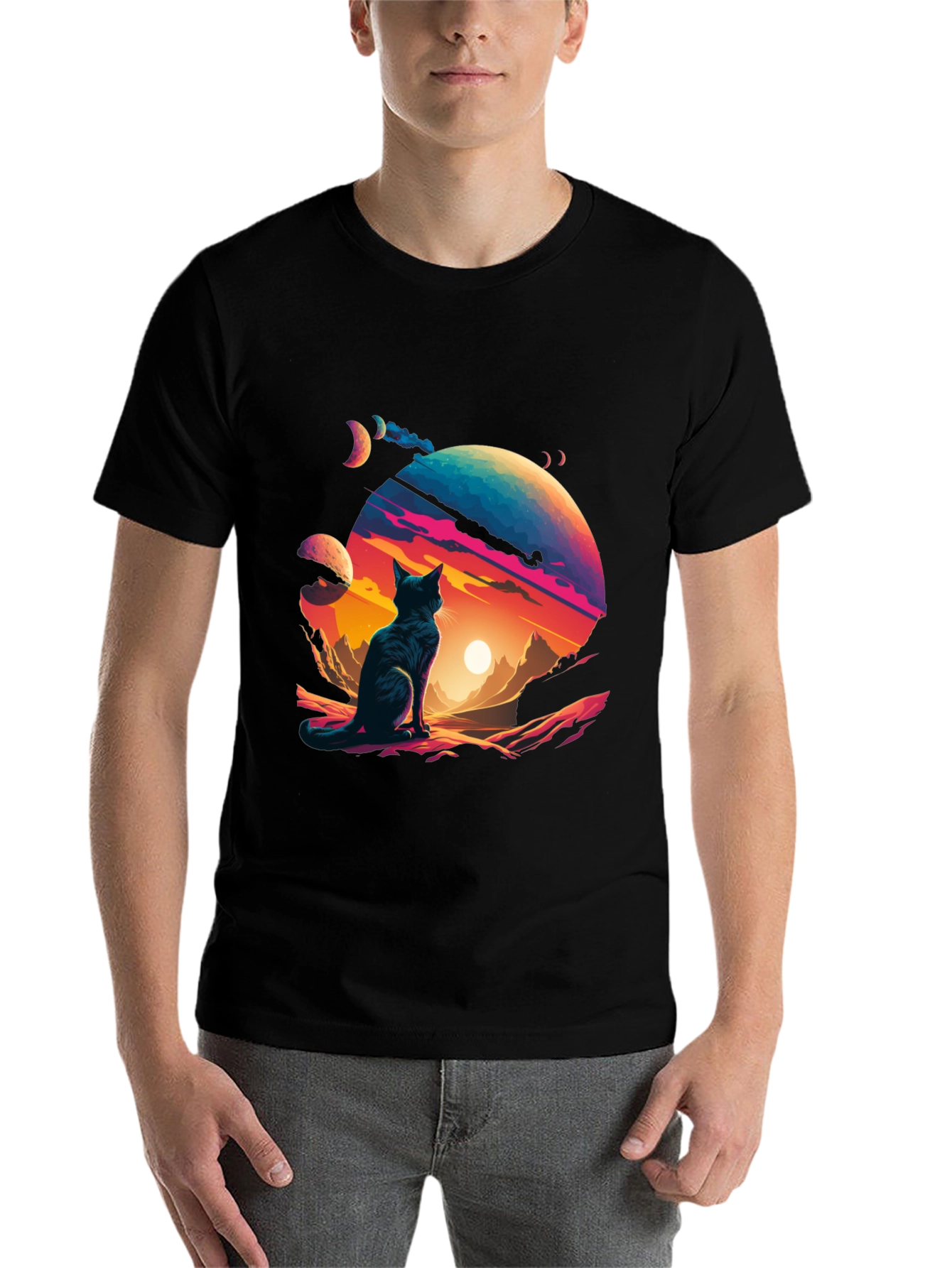 Black Cosmic Cat T-Shirt - Stylish Galaxy Design view 7