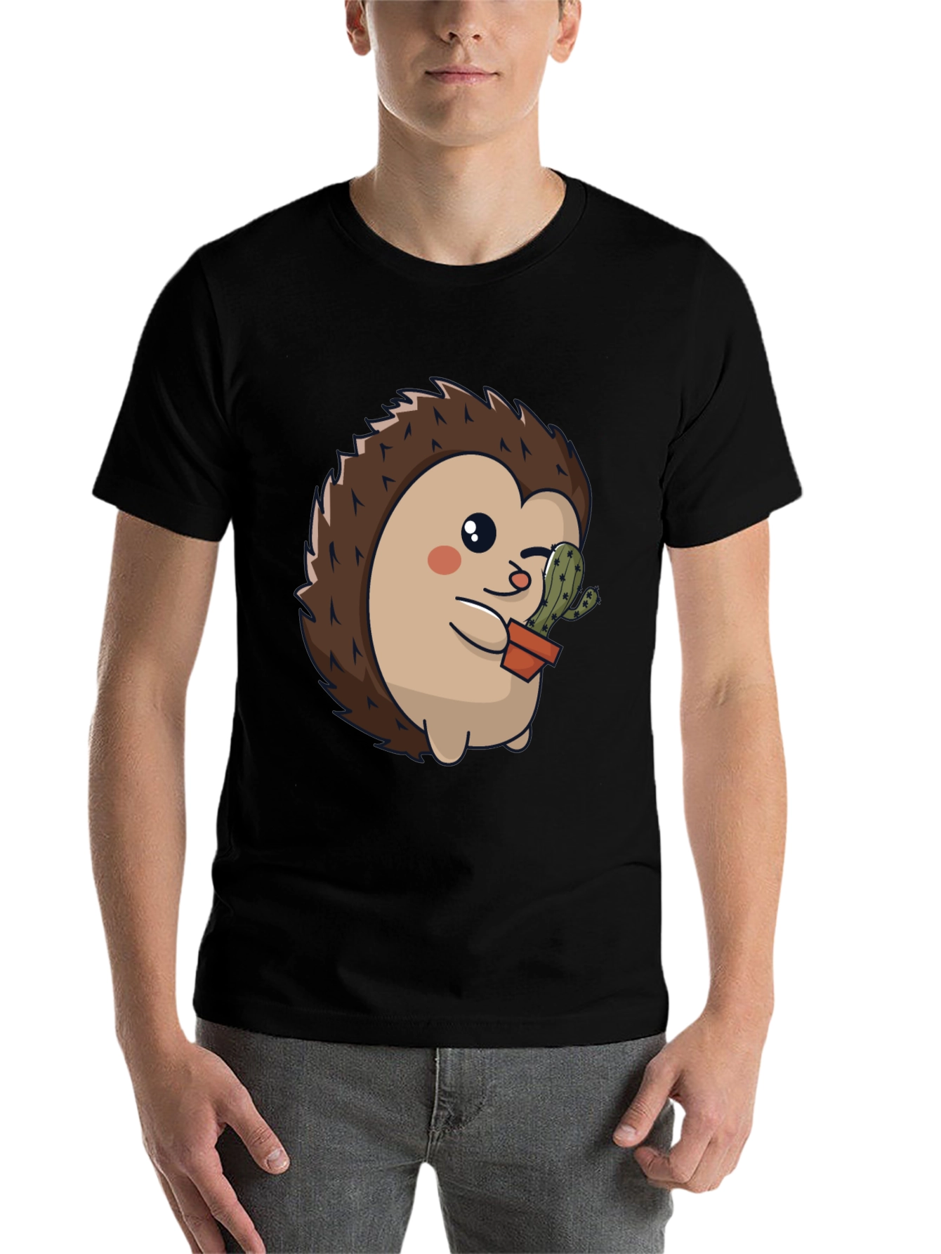 Black Cute Hedgehog with Cactus Graphic Tee view 7
